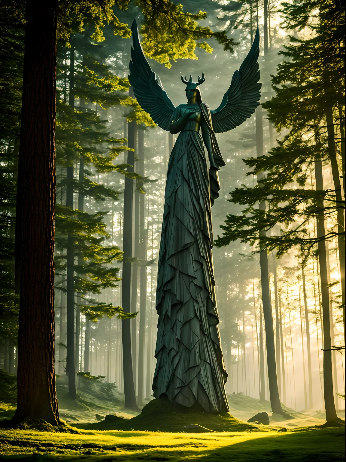 Forest angel statue landmark, unique futuristic landmark statue, dark forest, There is a deer there eating grass, nature, realistic image, fog, horor movie syle, golden hour, masterpiece composition, dynamic very wide portrait view, dramatac rays lighting, cinematic, UHD, highly detailed texture, 8k, sharp focus, dynamic landscape photography, centered object, landmark design idea