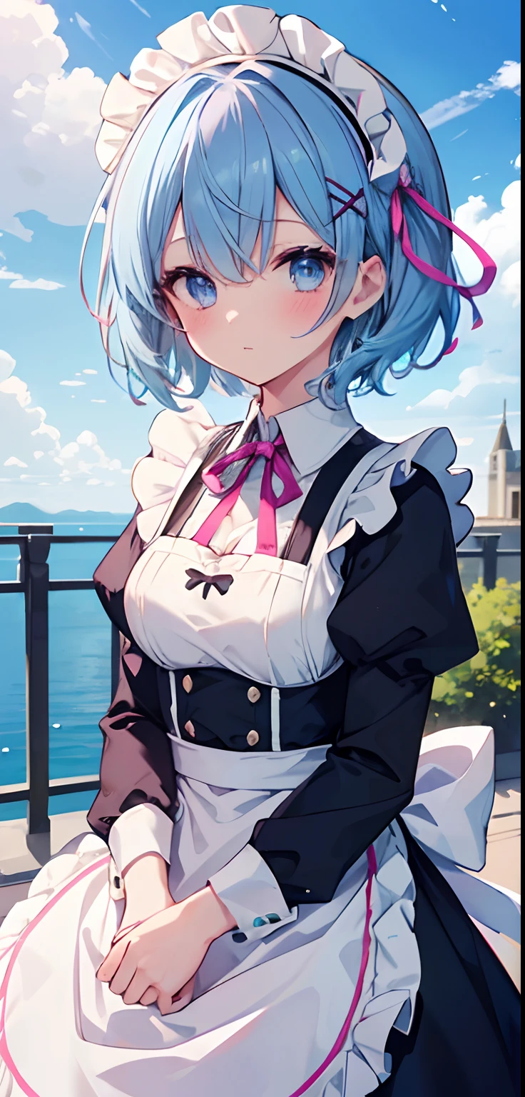 1girl, solo, breasts, looking at viewer, blush, short hair, blue eyes, hair ornament, dress, ribbon, medium breasts, blue hair, hair ribbon, outdoors, highlighted sleeves, sky, day, hair on one eye, apron, blue sky, maid, maid headdress, x hair ornament, pink ribbon, roswaal mansion maid uniform