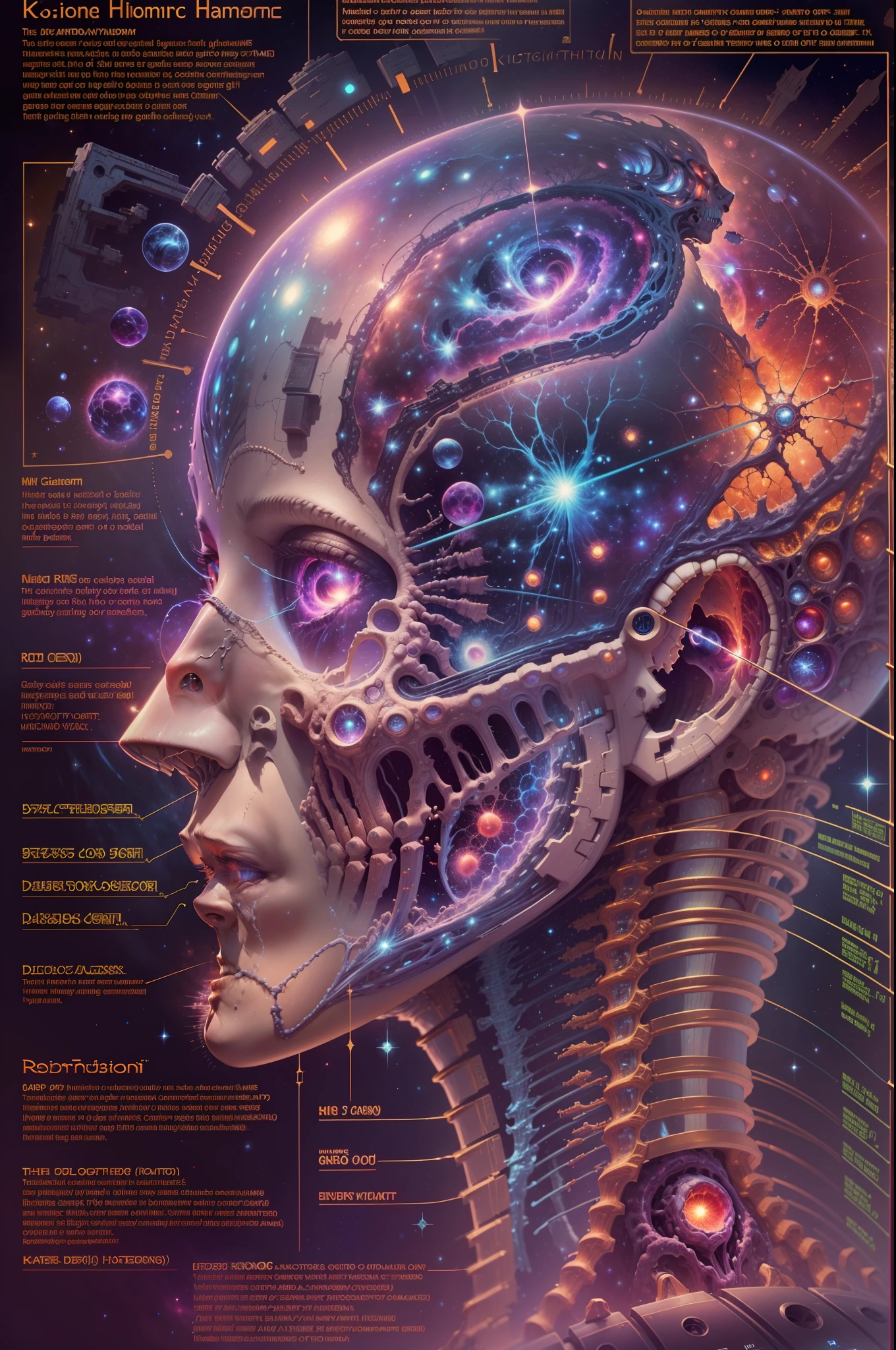 Fantasy00d Technical Diagram, Info graphic, Charts, of A Cosmic Anatomical Abomination Monster head, Info Graphic, Scientific, Data Diagram, Nervous System, Galaxy, Radioactive Colors, Midnight Aura, Ultra Detailed, H.R. Giger, Max Ernst, Thomas Kinkade, Robert Gonsalves, Dark Galaxy Background