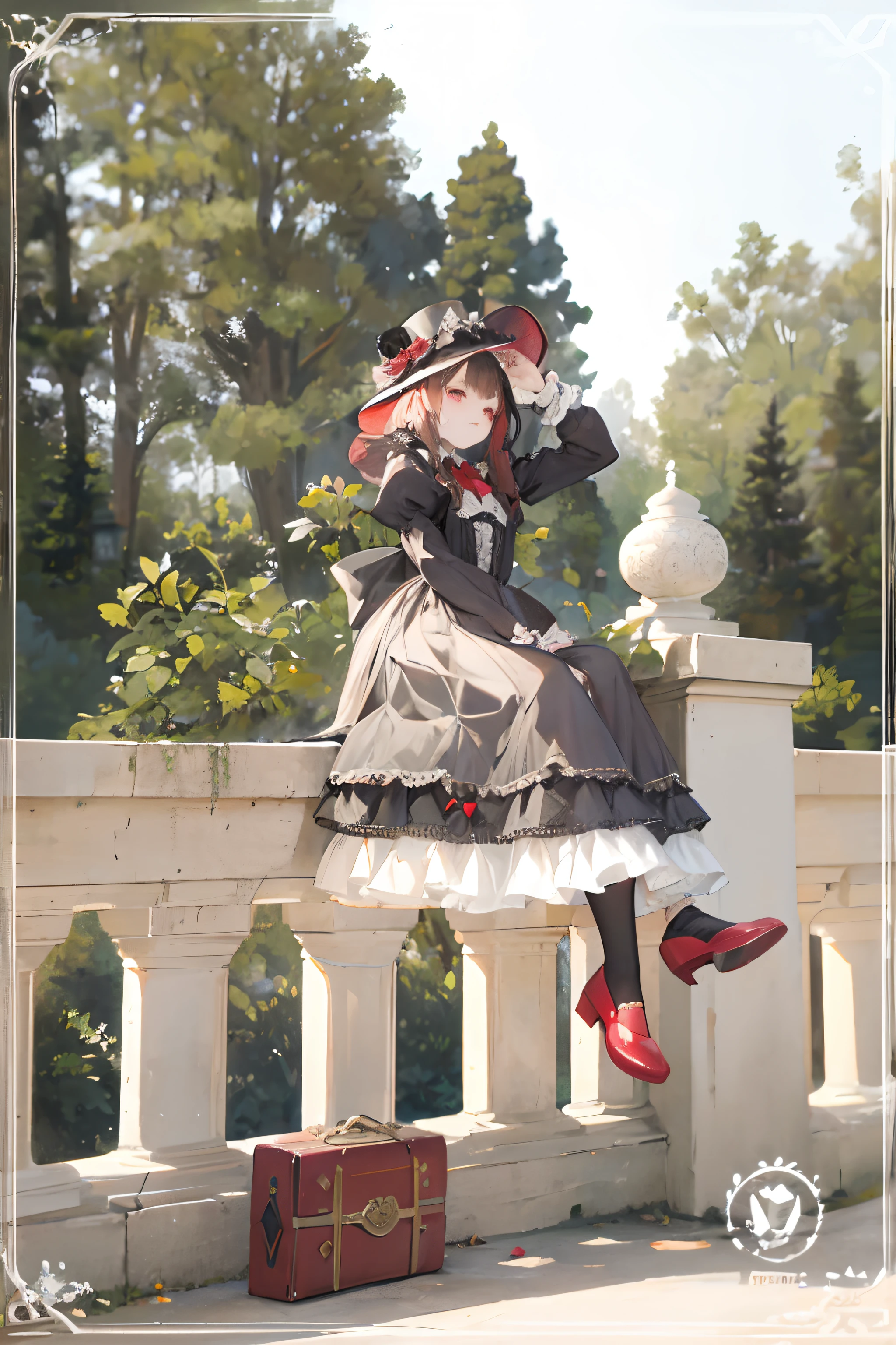 araffe woman in a dress and hat sitting on a railing, lolita style, red beret hat, brown hair, long hair, victorian gothic lolita fashion, lolita fashion, victorian style costume, rococo dress, portrait of magical lolita girl, victorian inspired clothing, with victorian clothing, rococo ruffles dress, victorian dress, rin, victorian style, in victorian aristocrat, grayscale phtoto with red dress