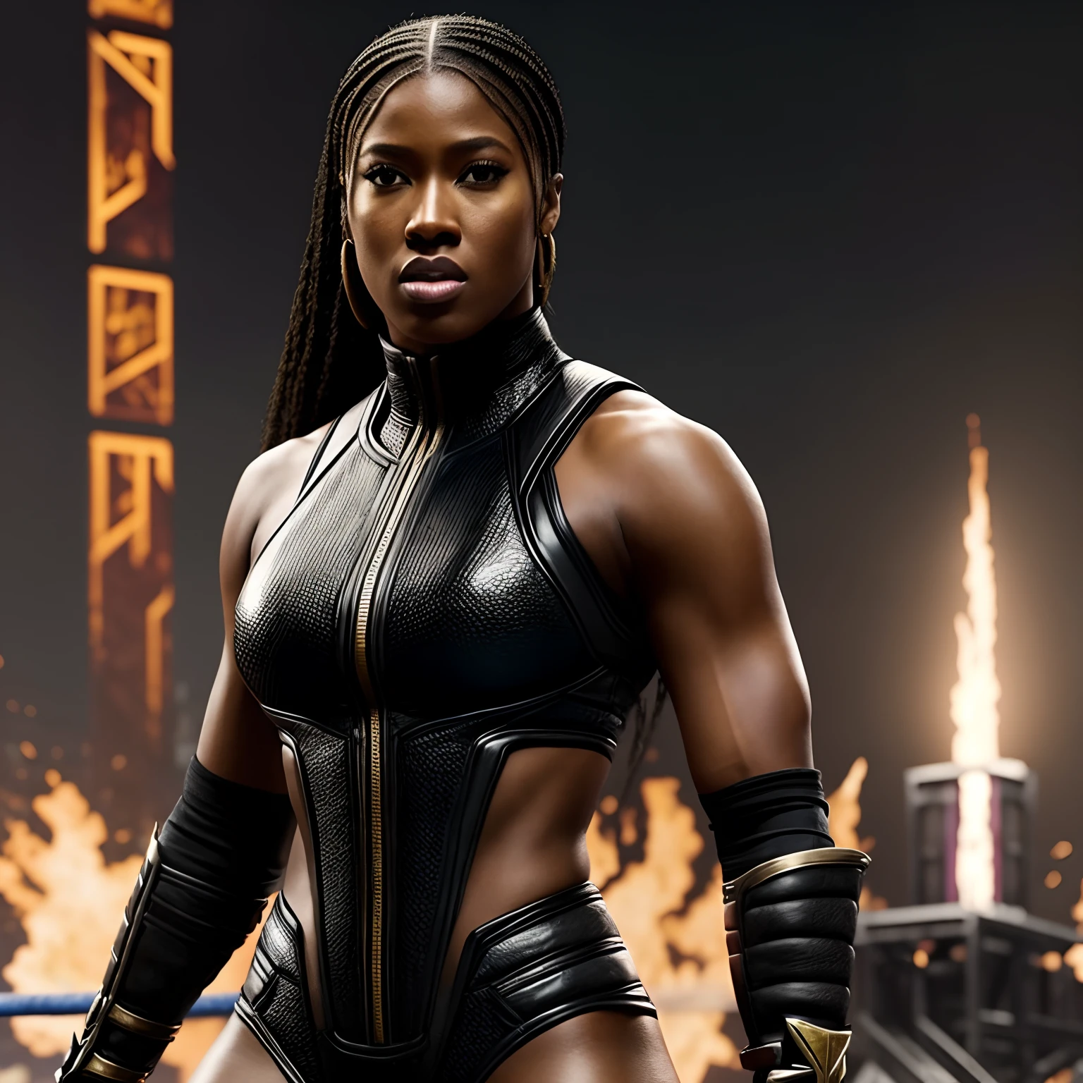 Female superstar Naomi WWE is ready to fight against the Mortal Kombat Outworld Hyperrealistic background scene........................................