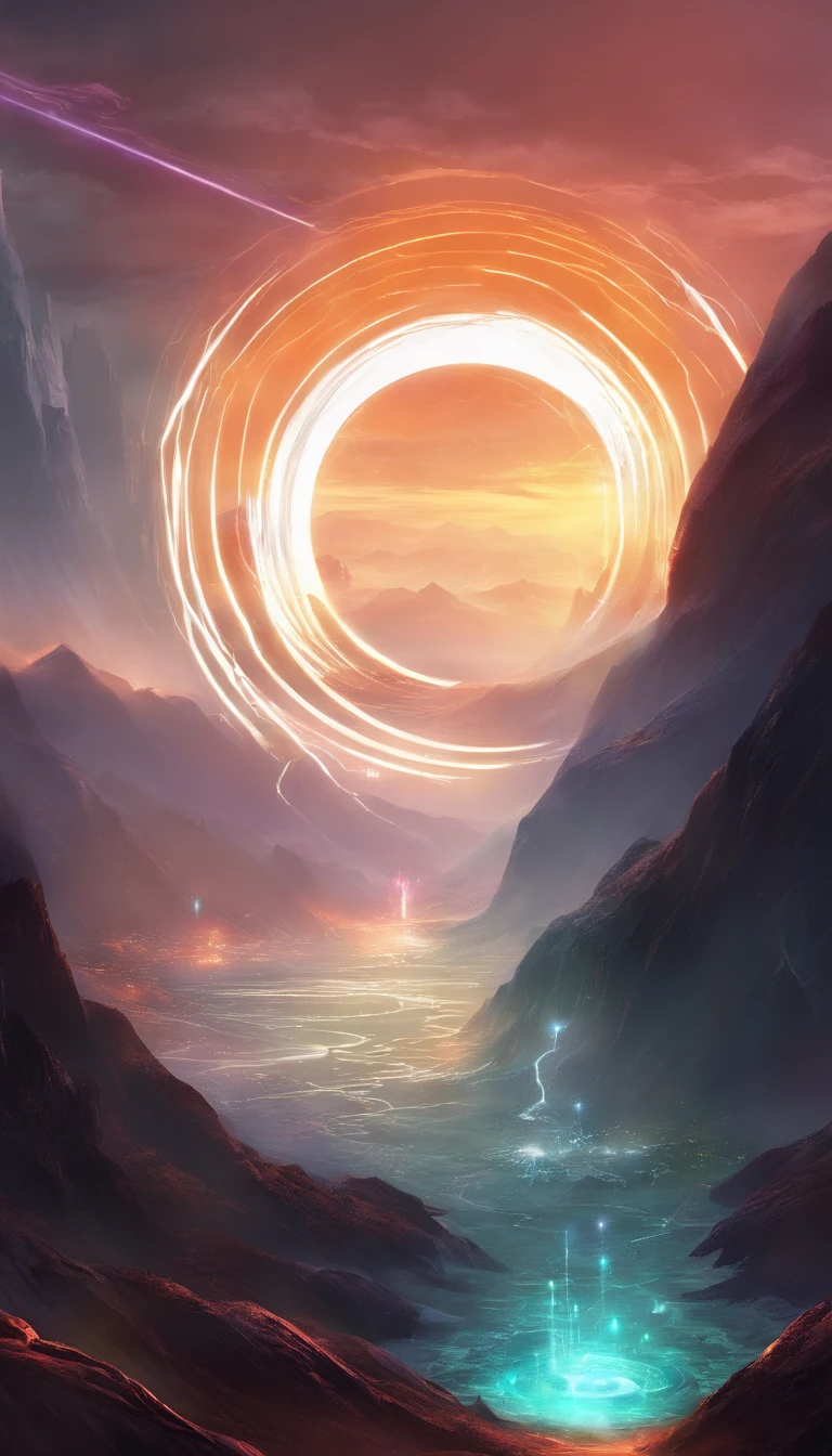 Glowing energy energy circle。  Metallic。Placed vertically between the open mountains and the sea 。Sense of space, Outer space science fiction