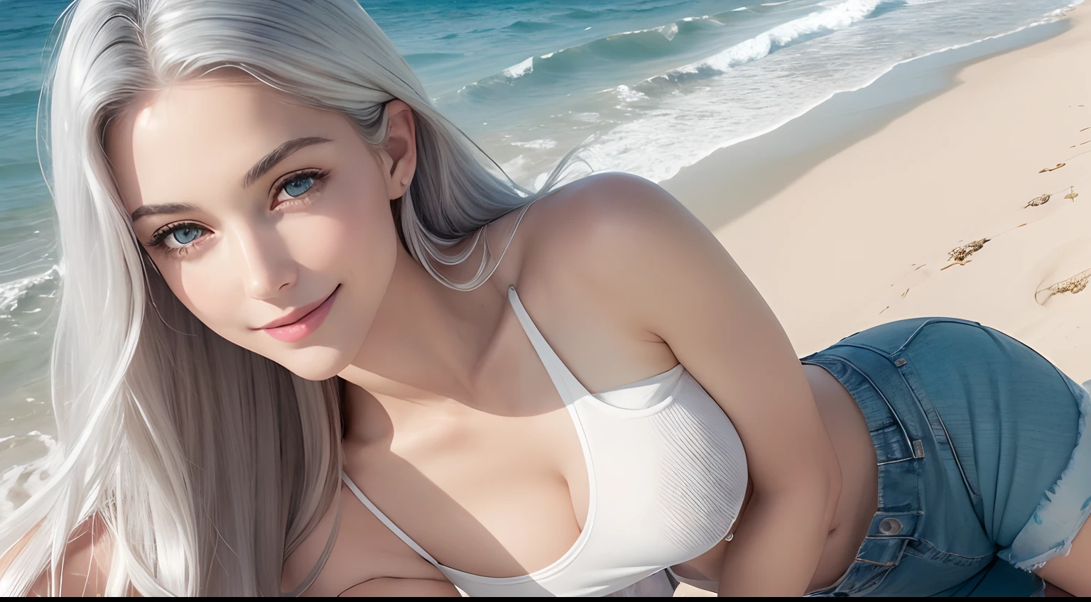 Female in her 20s, Silver-haired hair, Bright beach, naked, Spread your legs towards the camera,, (angle from below:1.0), Genital pubic hair, Genital POV