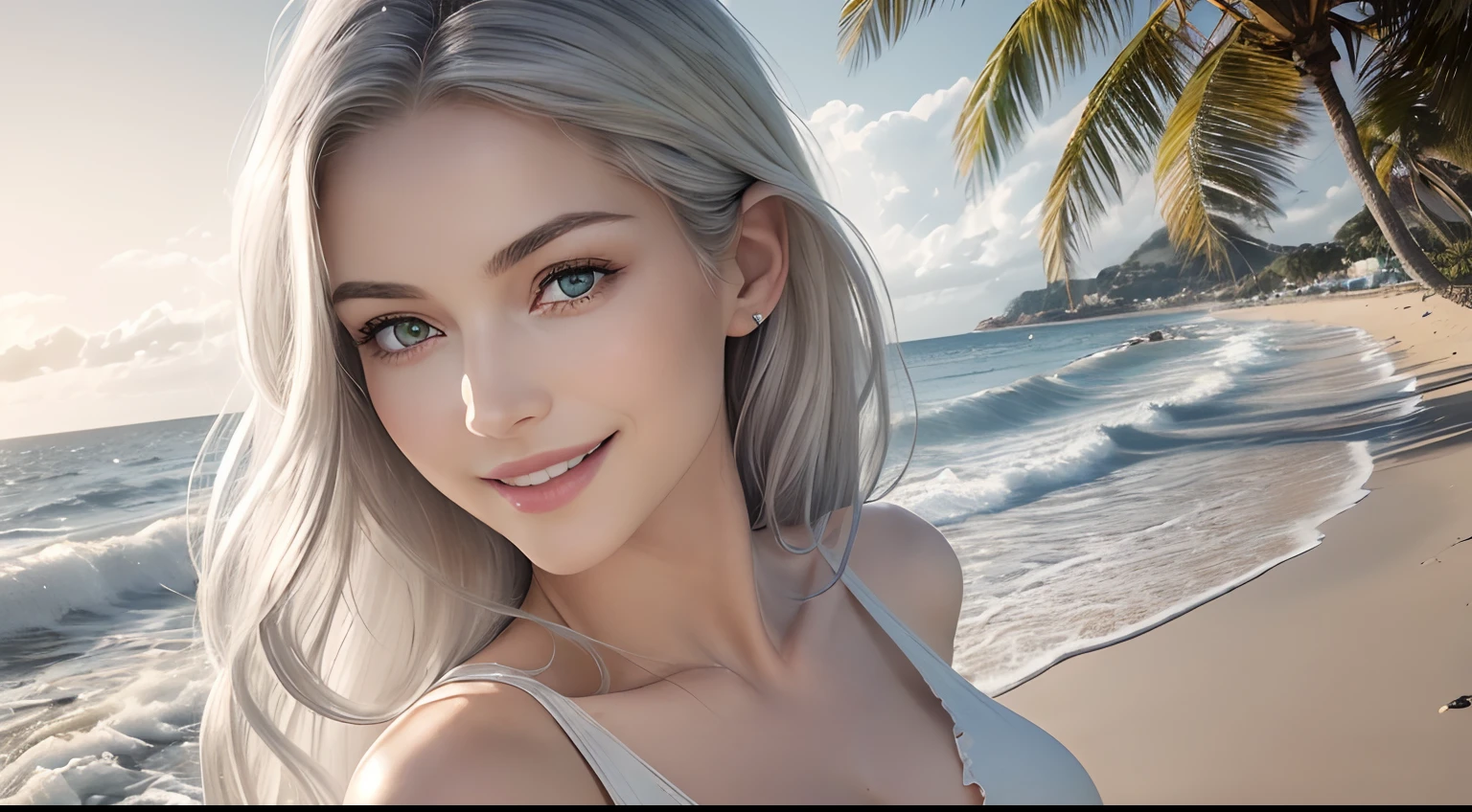 (Masterpiece, Best Quality, Photorealistic, high resolucion, photography, :1.3), (Woman in her 40s, )Close-up shots of faces, Close-up shots of faces, Close-up shots of faces, Sharp focus, (1 Girl, A European girl, Popular models), Realistic skin, Slender body type, Big breasts, (Her long, Pure white silver hair swept to the side, extremely detailed hair), Delicate sexy face, Organoleptic gases, Sparkling lips,(green pupil),(green pupil),(green pupil), ((realisitic, A hyper-realistic, realism, realistic detailed)), (Medium Tits:1.5), (White tank top T-shirt and ripped jean shorts), (A slender waist), (slim thigh), (Small hips), (Sorrisos), (seaside, waves, palm tree) (seaside, waves, palm tree), (Long straight hair), A woman is standing, (Sorrisos), (Sorrisos)