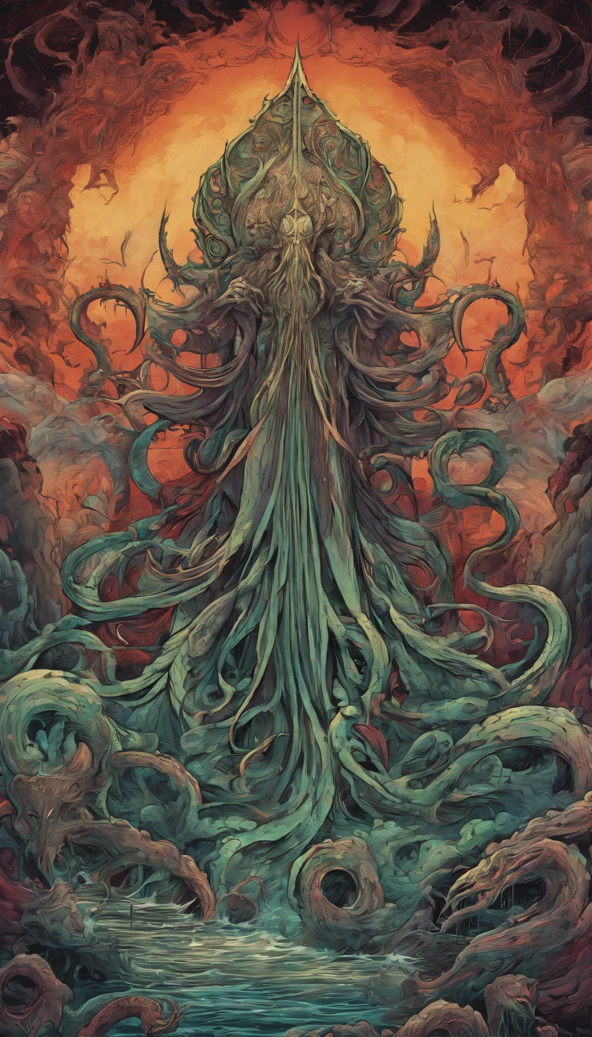 From the depths he emerges, devil,
The Cthulhu's Parade in crimson hues.
Whispers of the otherworldly echo,
A festival where madness and beauty fuse.
In the night sky adorned with abyssal splendor, warm colors
Feathers stained with blood dance and soar.
Entwined by threads of fate,
The deranged revel in ecstasy's roar.
Oh mighty Cthulhu, ruler of the depths,
In our pursuit of desires so forlorn,
We embark on a path of madness and despair,
Guided by the disciples of the one we adorn.
On the grand boulevard, grotesque forms stride,
Where terror and beauty intertwine.
In the realm betwixt dreams and nightmares,
We surrender ourselves to euphoria's shrine.
Praise his name, the great Cthulhu,
Monarch of the abyss, the wellspring of our insanity.
In this eternal procession's stage,
We celebrate the coming of the world's calamity.