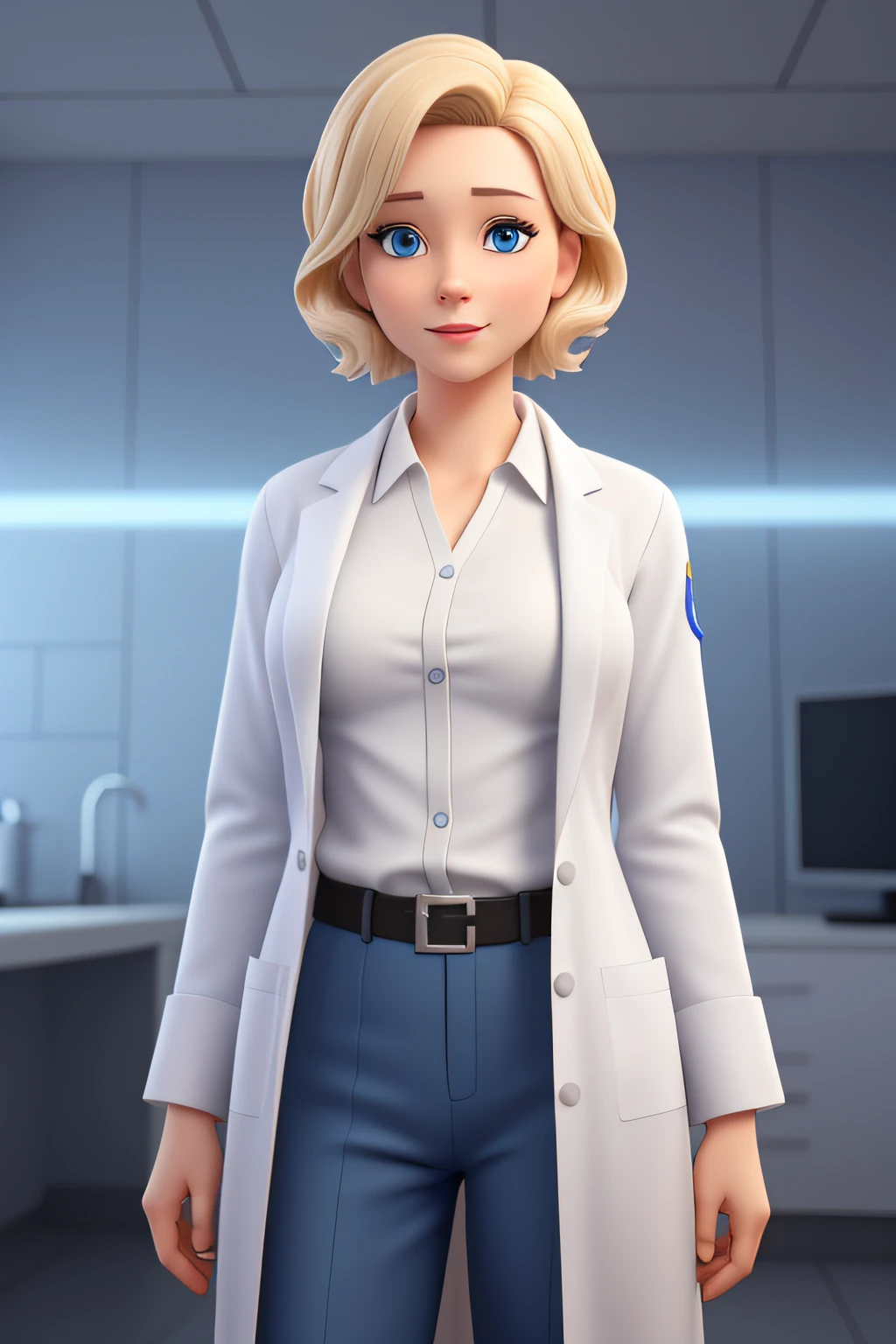 a female vet in mid 30's with short blonde hair and blue eyes, young looking, wearing a white lab coat. Portait photo. 3d cartoon with accurate proportions.