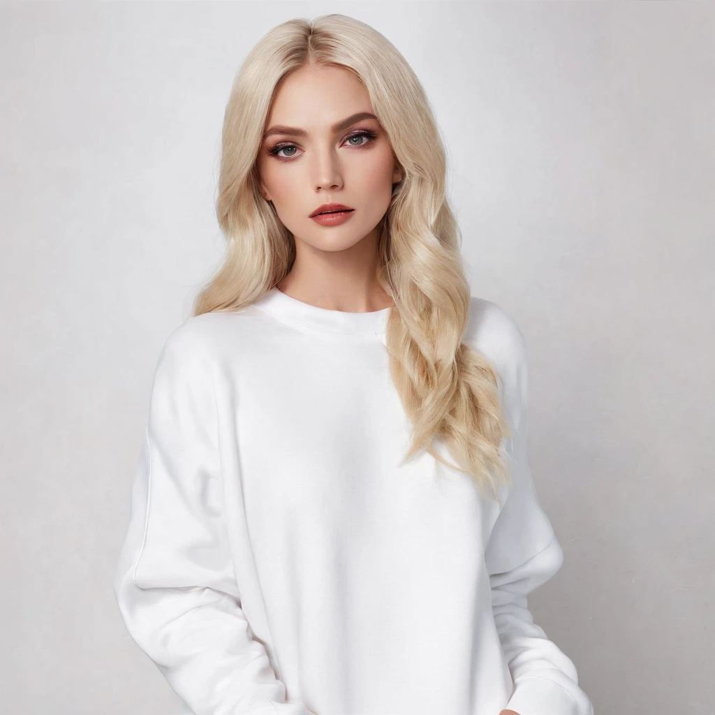 Pretty woman with blonde hair wearing a white long sweatshirt,background Halloween themed, landscape,