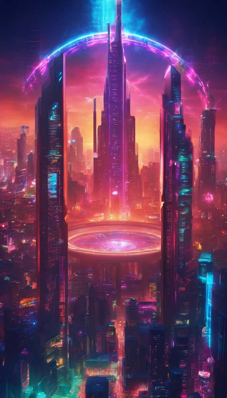 Luminous energy energy circle。 Metallic。Placed vertically between the open mountains and the sea 。Sense of space, Outer space science fiction