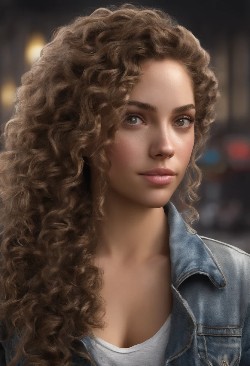 femme, long, curly hair , jeune, 25 ans , matte skin mestizo, en tenue de ville moderne et realiste