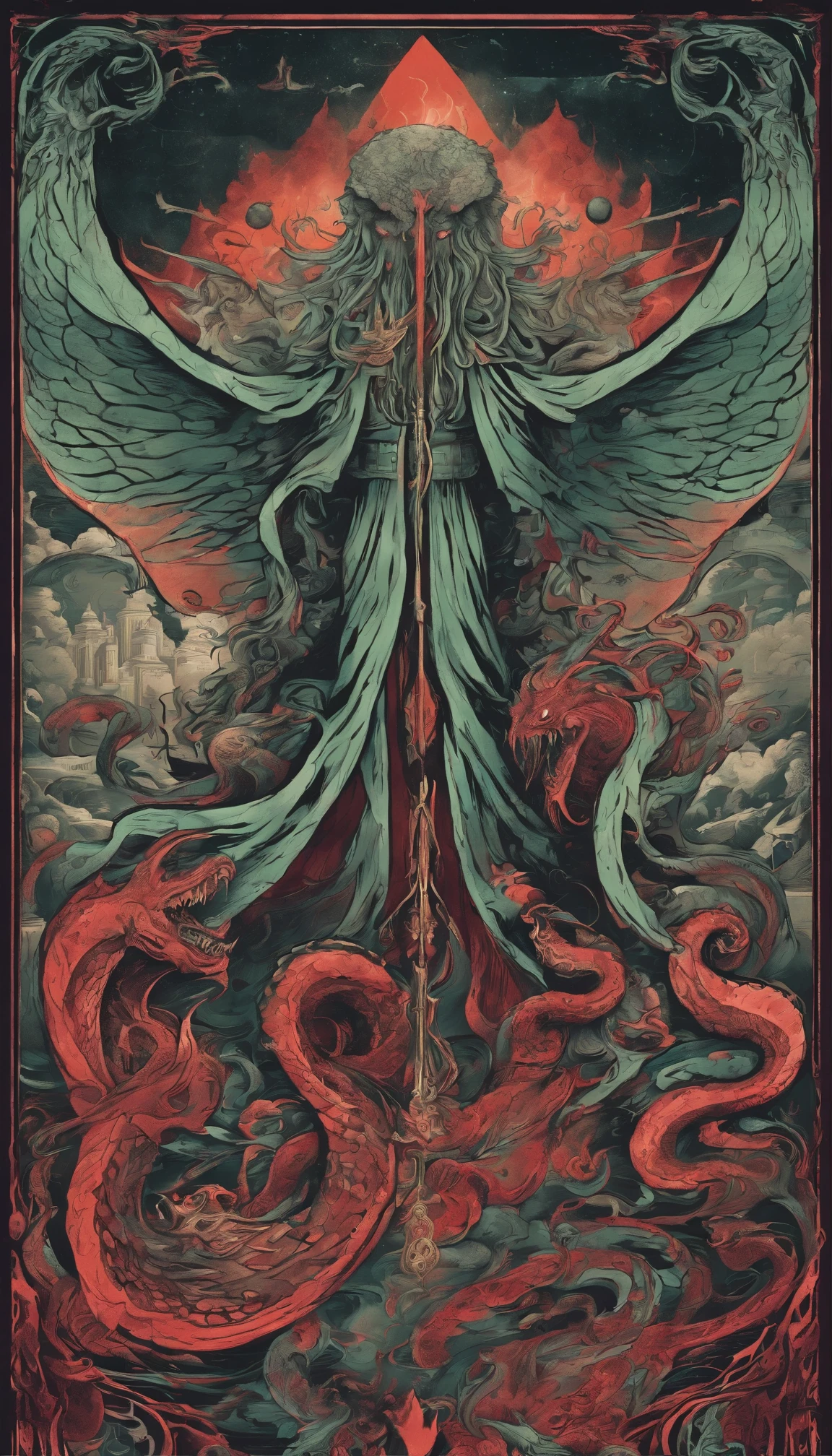 From the depths he emerges, devil,
The Cthulhu's Parade in crimson hues.
Whispers of the otherworldly echo,
A festival where madness and beauty fuse.
In the night sky adorned with abyssal splendor, warm colors
Feathers stained with blood dance and soar.
Entwined by threads of fate,
The deranged revel in ecstasy's roar.
Oh mighty Cthulhu, ruler of the depths,
In our pursuit of desires so forlorn,
We embark on a path of madness and despair,
Guided by the disciples of the one we adorn.
On the grand boulevard, grotesque forms stride,
Where terror and beauty intertwine.
In the realm betwixt dreams and nightmares,
We surrender ourselves to euphoria's shrine.
Praise his name, the great Cthulhu,
Monarch of the abyss, the wellspring of our insanity.
In this eternal procession's stage,
We celebrate the coming of the world's calamity.