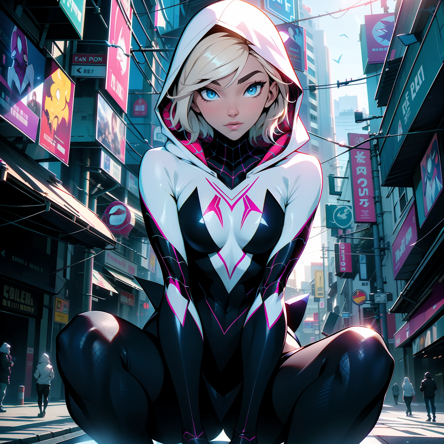 (masterpiece, best quality), (detailed face and eyes) SpiderGwen, Gwen, Ghost Spider, medium breasts, beautiful girl,mains entre les jambes, H-cup, ( sitting on top of a building ), big breasts, cleveage (detailed beautiful eyes)  full body shot, underboob,  full-body shot, white latex hoodie, spiderman logo, web pattern clothes, organic-looking clothing, symbiote, eyes, fine art, PS5 cinematic screenshot, highly detailed detailed cinematic rendering, ultra photorealistic raytricing, with cinematic lighting, abstract background