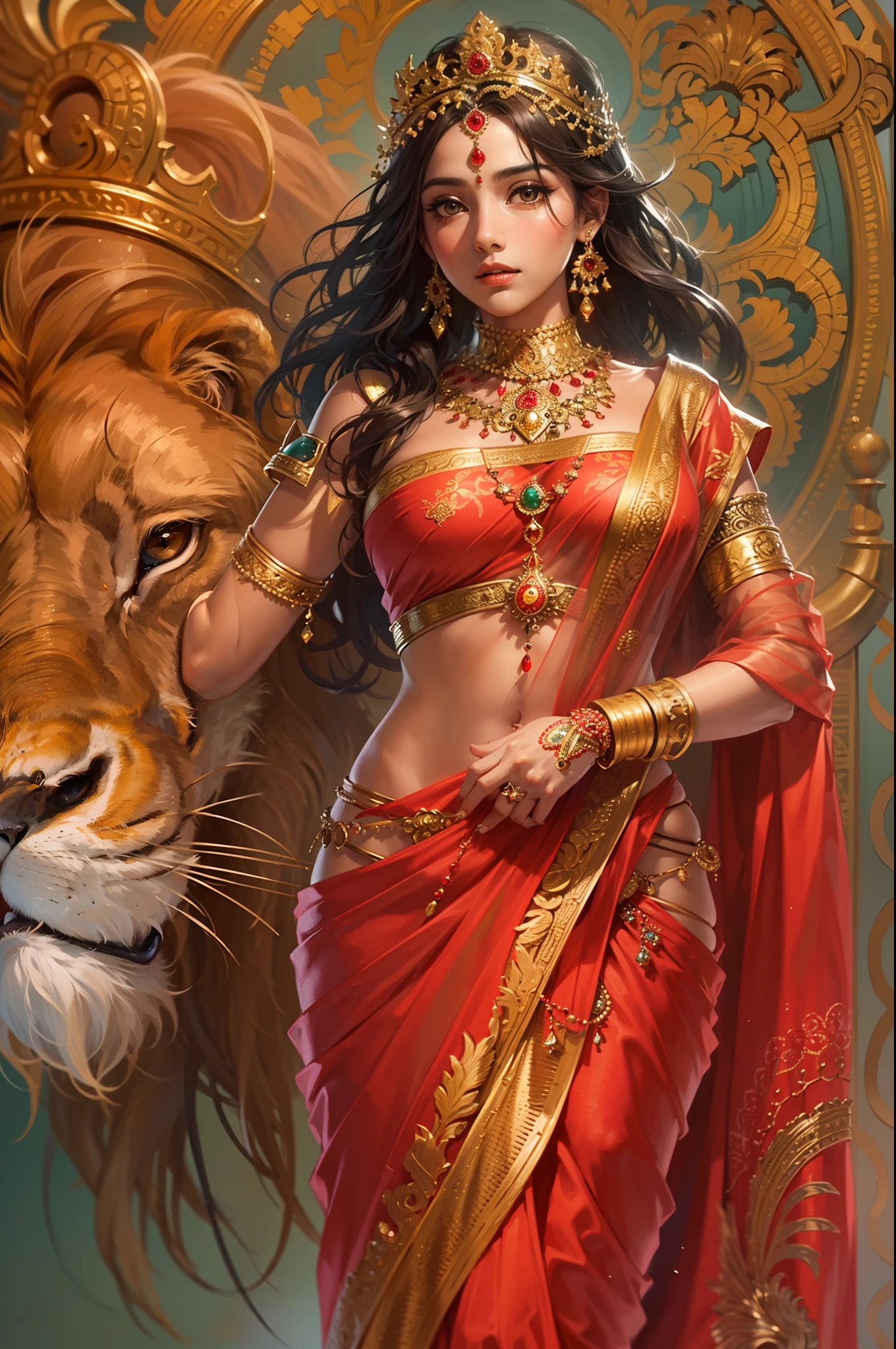 (Highly detailed), (illustration), (Intricate), (Beautiful face), (Attractive body), (Full body picture), Modern Indian goddess, hindu, (Clear red sari), (Visible natural breasts), (NSFW), Dynamic pose, Crown of God, (The lion stands nearby), Colorful, Eye-catching, Heavenly.