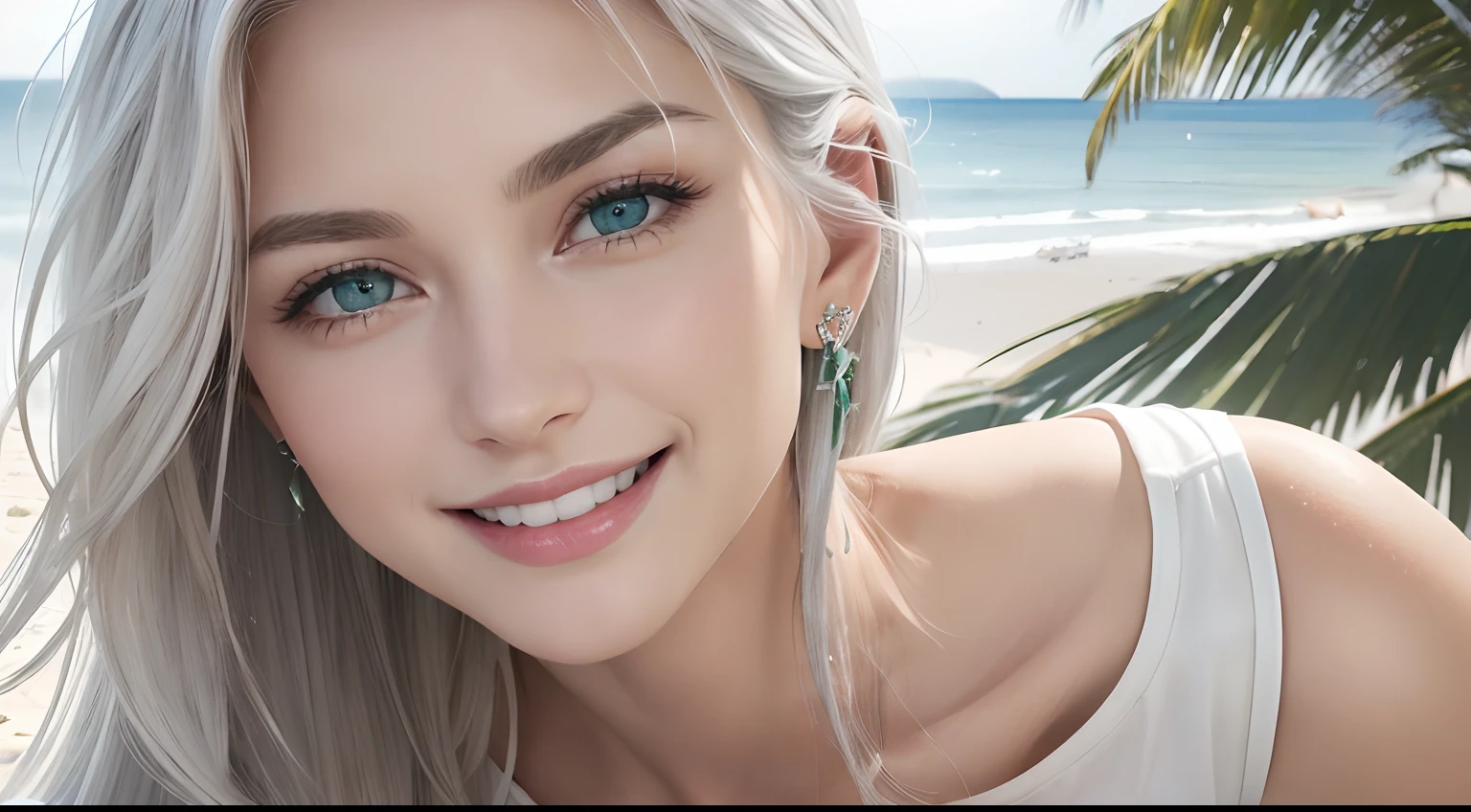 (Masterpiece, Best Quality, Photorealistic, high resolucion, photography, :1.3), (Woman in her 40s, )Close-up shots of faces, Close-up shots of faces, Close-up shots of faces, Sharp focus, (1 Girl, A European girl, Popular models), Realistic skin, Slender body type, Big breasts, (Her long, Pure white silver hair swept to the side, extremely detailed hair), Delicate sexy face, Organoleptic gases, Sparkling lips,(green pupil),(green pupil),(green pupil), ((realisitic, A hyper-realistic, realism, realistic detailed)), (Medium Tits:1.5), (White tank top T-shirt and ripped jean shorts), (A slender waist), (slim thigh), (Small hips), (Sorrisos), (seaside, waves, palm tree) (seaside, waves, palm tree), (Long straight hair), A woman is standing, (Sorrisos), (Sorrisos)