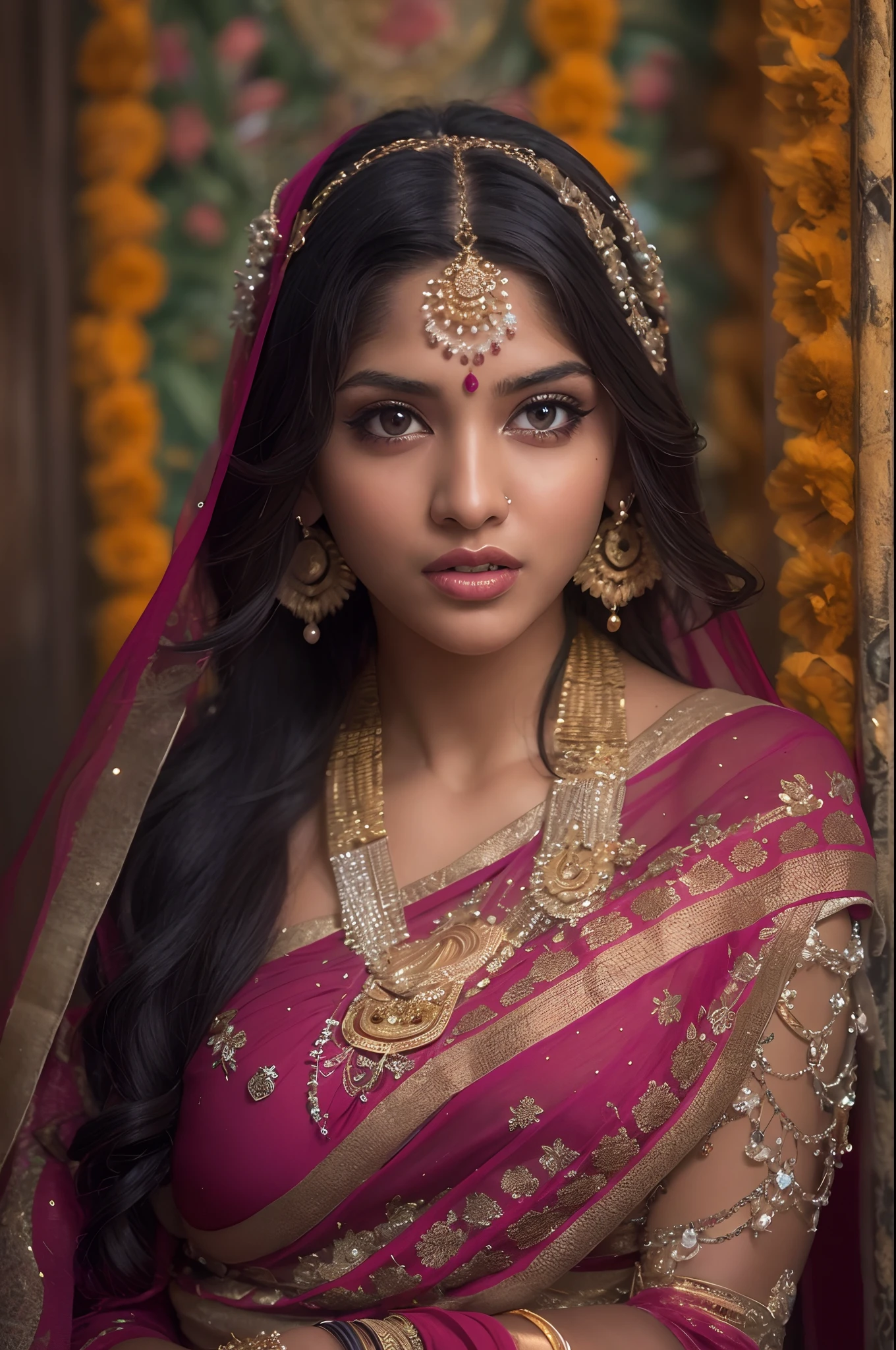 A woman in a sari poses for a photo, indian goddess, Traditional beauty, Indian, Beautiful goddess, Gorgeous Role Play, indian style, indian super model, beautiful teenage girl, Gorgeous woman, south east asian with long, provocative indian, gorgeous beautiful woman, intricate outfits, hindu aesthetic, Beautiful Asian girl, extremely detailed goddess shot, Jaw-dropping beauty, Big boobs, deep cleavage, sexy navel, Large breasts and deep cleavage, Sexy indian woman, Sexy bikney fuses huge all over the body
