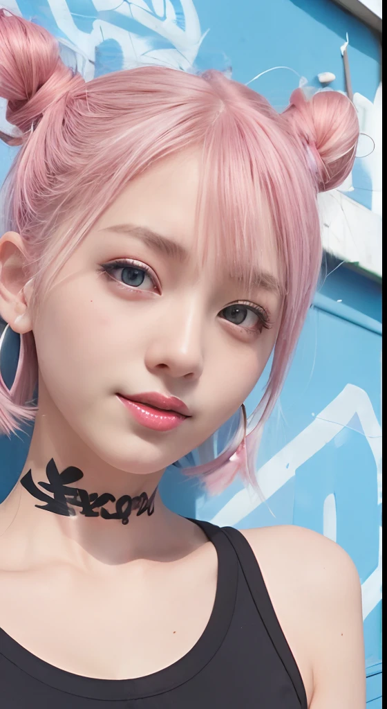 (ultra-detailliert), Black Psychedelic Shirt、Blue eyes,The upper part of the body、cowboy  shot、18year old、faces、(A smile:1.5),(facing front:1.2),(masutepiece:1.3, Best Quality, Photorealistic, Ultra-detailed, Finely detailed, High resolution, 8K Wallpaper), 1 beautiful girl,  Beautiful face, Detailed face, Beautiful eyes, Detailed eyes, Looks fun、Smiling, earrings, Necklace, Only 1 person,Pink Hair Medium Hair, (Pink hair), Ear Hair, small tits, Single braid, (Single braid), (Side braid),on a stage, Spotlight, small tits、Denim shorts, Choker, (Graffiti:1.5), Paint Splatter, arms behind back, Against Wall, Looking at Viewer, arm band, Thigh strap, paint on body,
