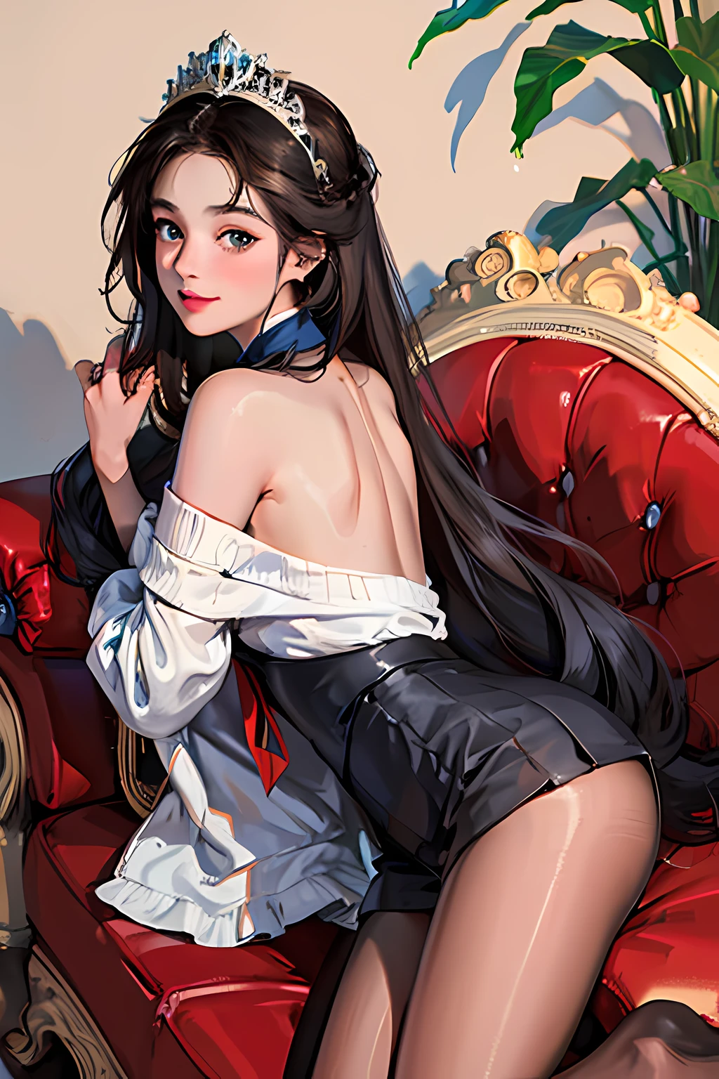 femele,((Brown hair long)),Wear intricate hair accessories on your head,She wears a short skirt,((white stockings))The short skirt shows off her slender legs just right,Upper half body wearing a sweater,The sweater has a unique collar design,She lay leisurely on the sofa,She was lying on a large pillow,Her smile was sweet,Delicate portrayal of facial features,The nose is delicate and straight,Ruddy lips,The hand is beautifully carved,((Place your hands behind your back)),Soft skin,The overall color tone is black、rot、Blue is predominant,tmasterpiece,(best qualtiy,tmasterpiece:1.4)