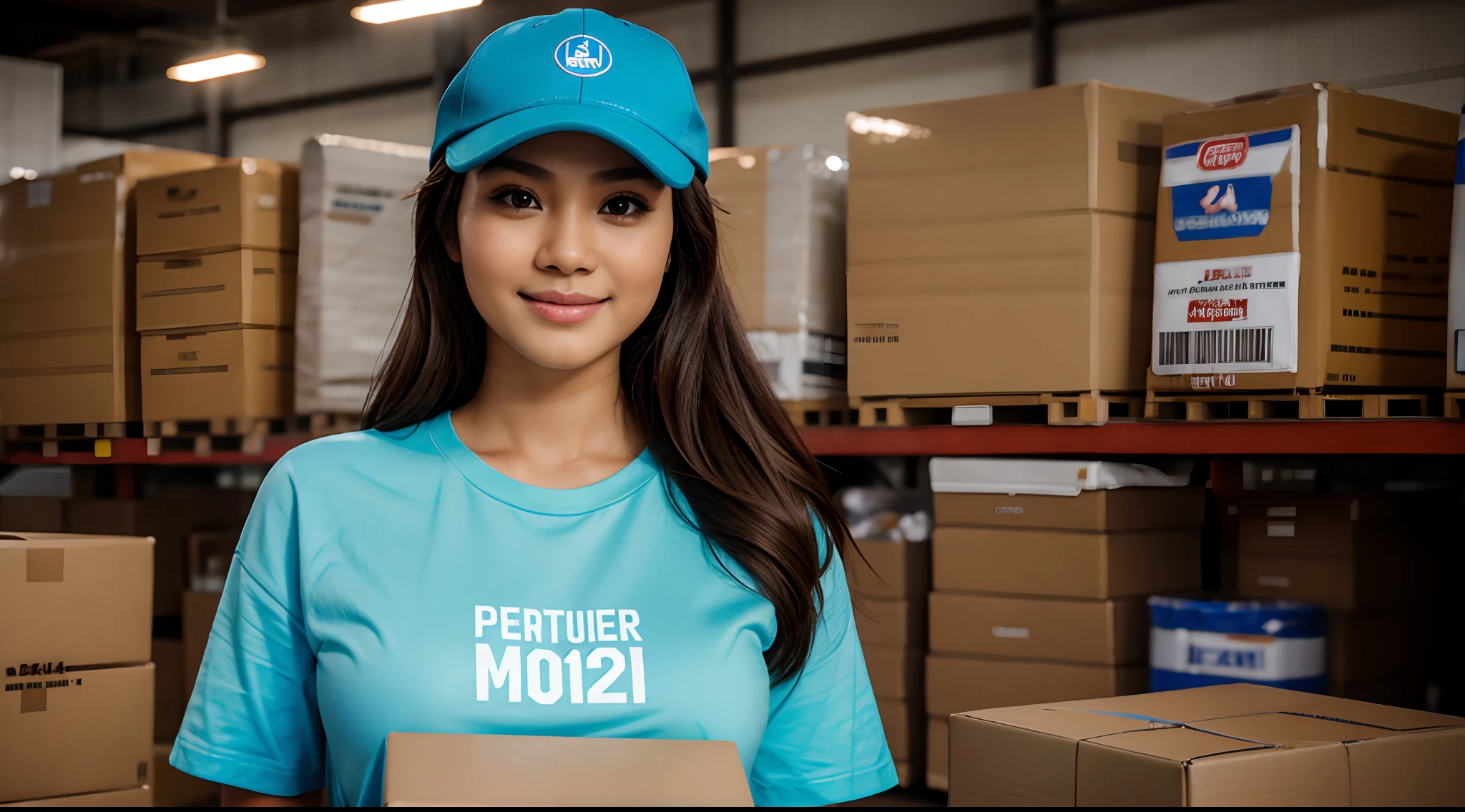 RAW Photo, DSLR BREAK (kkw-ph1:0.9) BREAK half body portrait of ung 20yo woman holding brown boxes, black hair, wearing plain blue t shirt, plain blue trucker cap, perfect eyes, perfect lips, perfect nose, professional color graded, wonderful woman, ecommerce background, warehouse background, cute woman, medium tits , smiling, filipina, pinay, filipino woman, rule of thirds shot