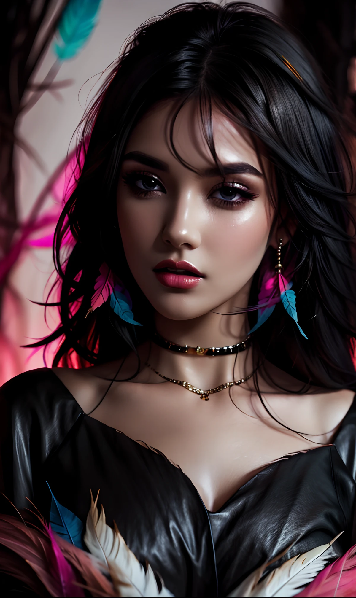 Beautiful woman with colorful feathers, dark black hair, ultra high detailed, 4k