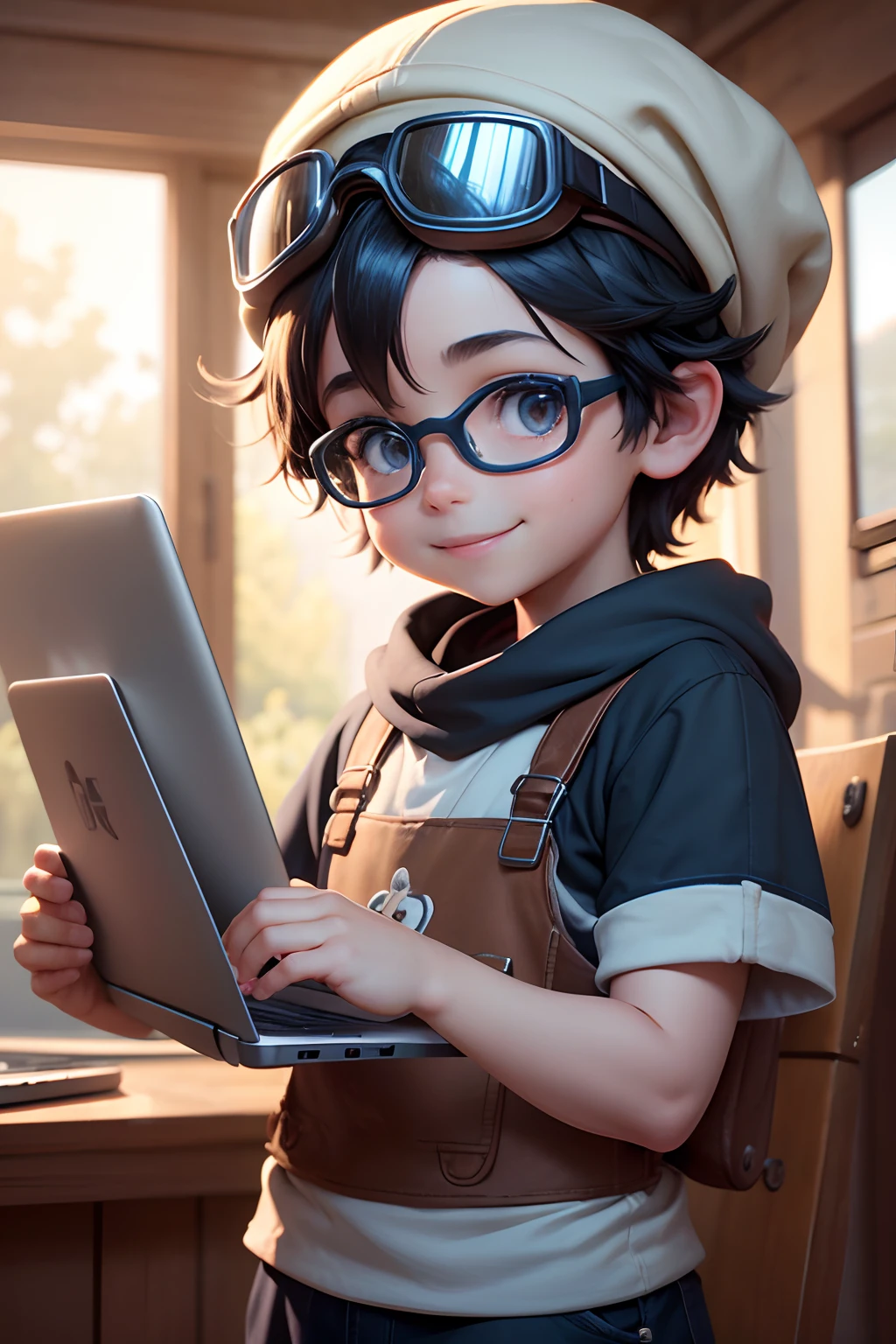Video Quality，The style of Disney animation，Little boy，Goggles over the hat，Short and delicate hair，Holding a laptop in one hand，A broad smile，Real Light，Ray traching，OC Rendering，A hyper-realistic，best qualtiy，ultra-fine，Detailed plot，correct anatomy，Clear focus on the eyes，Bokeh，