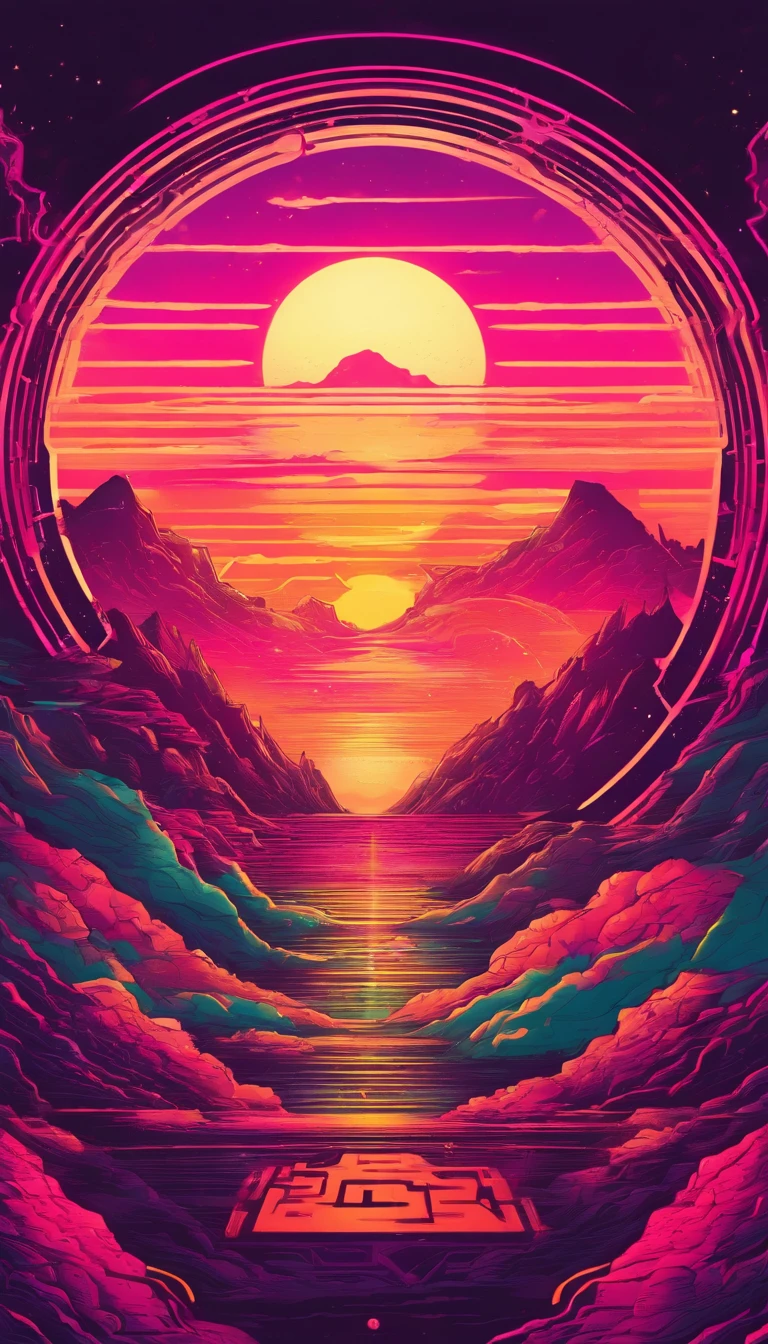 Glowing energy energy circle。  Metallic。Placed vertically between the open mountains and the sea 。Sense of space, Outer space science fiction