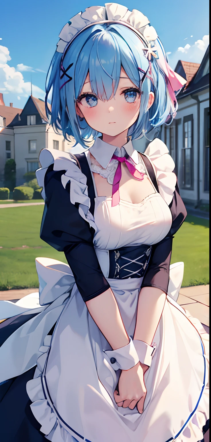 beautiful, masterpiece, Highest quality, anime, One girl, C Cup,Portrait Shot, View your viewers, Covered、Short Hair、nearby、Blue Eyes、art、、White hair,Blue streaked hair、wallpaper、hairpin、Cute smile、Thighs、、Cute、Light frill dress、curtain