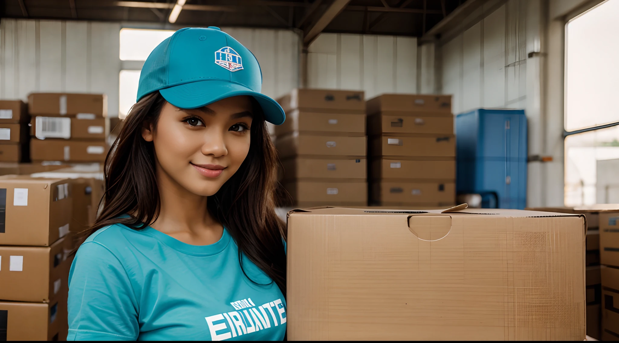 RAW Photo, DSLR BREAK (kkw-ph1:0.9) BREAK portrait of ung 25 year old woman, holding a big box, holding a large box, brown wavy hair, wearing plain lightblue t shirt, plain lightblue trucker cap, perfect eyes, perfect lips, perfect nose, professional color graded, wonderful woman, ecommerce background, warehouse background, cute woman, medium tits , smiling, filipina, pinay, filipino woman, showing butt, rule of thirds shot
