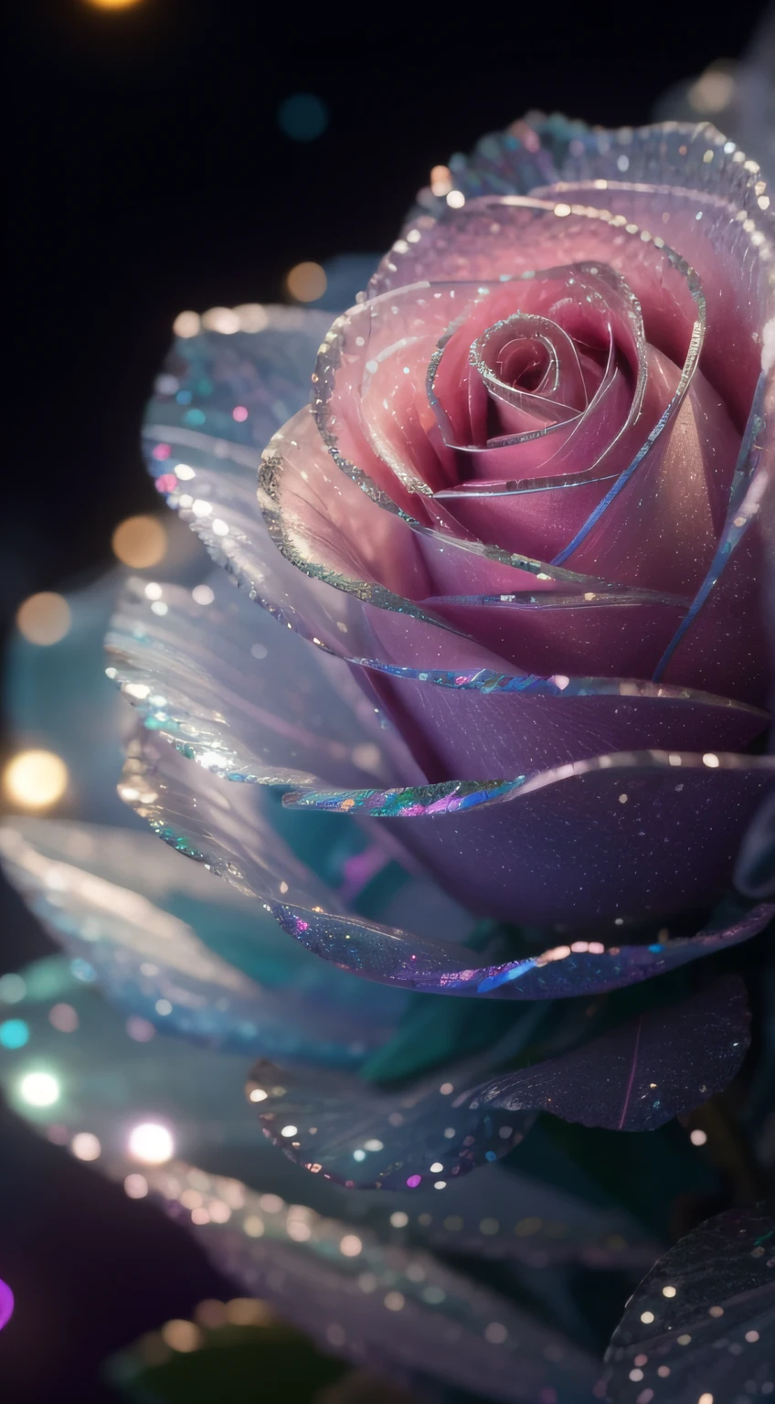 Crystal fantasy, Roses, Full-color,  toe-up, countless crystal feathers flutter in the air,
fantasy, galaxy, transparent, shallow depth of field, jade bokeh, sparkling, sparkling, stunning, colourful,
Magical Photography, Dramatic Lighting, photo realism, Ultra Detail, 4K, DOF, High Resolution