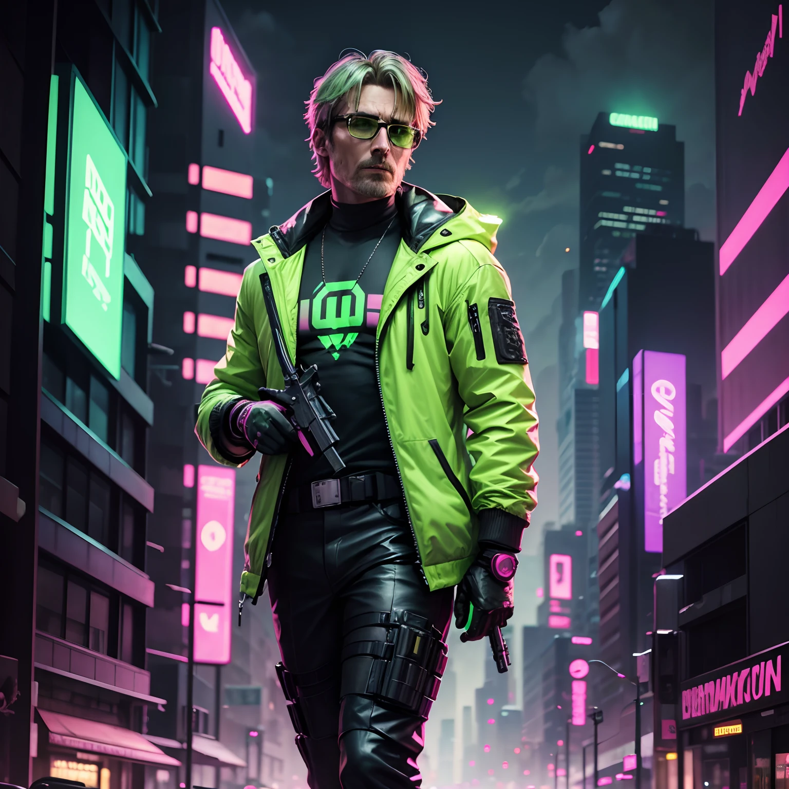 Cyberpunk neon green man wearing glasses on pink cityscape background、Mads Mikkelsen Mercenary Dark Green Jacket Shoots Enemies With Full Body Pistol In Hand