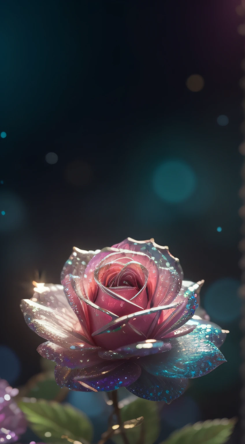 Crystal fantasy, Roses, Full-color,  toe-up, countless crystal feathers flutter in the air,
fantasy, galaxy, transparent, shallow depth of field, jade bokeh, sparkling, sparkling, stunning, colourful,
Magical Photography, Dramatic Lighting, photo realism, Ultra Detail, 4K, DOF, High Resolution