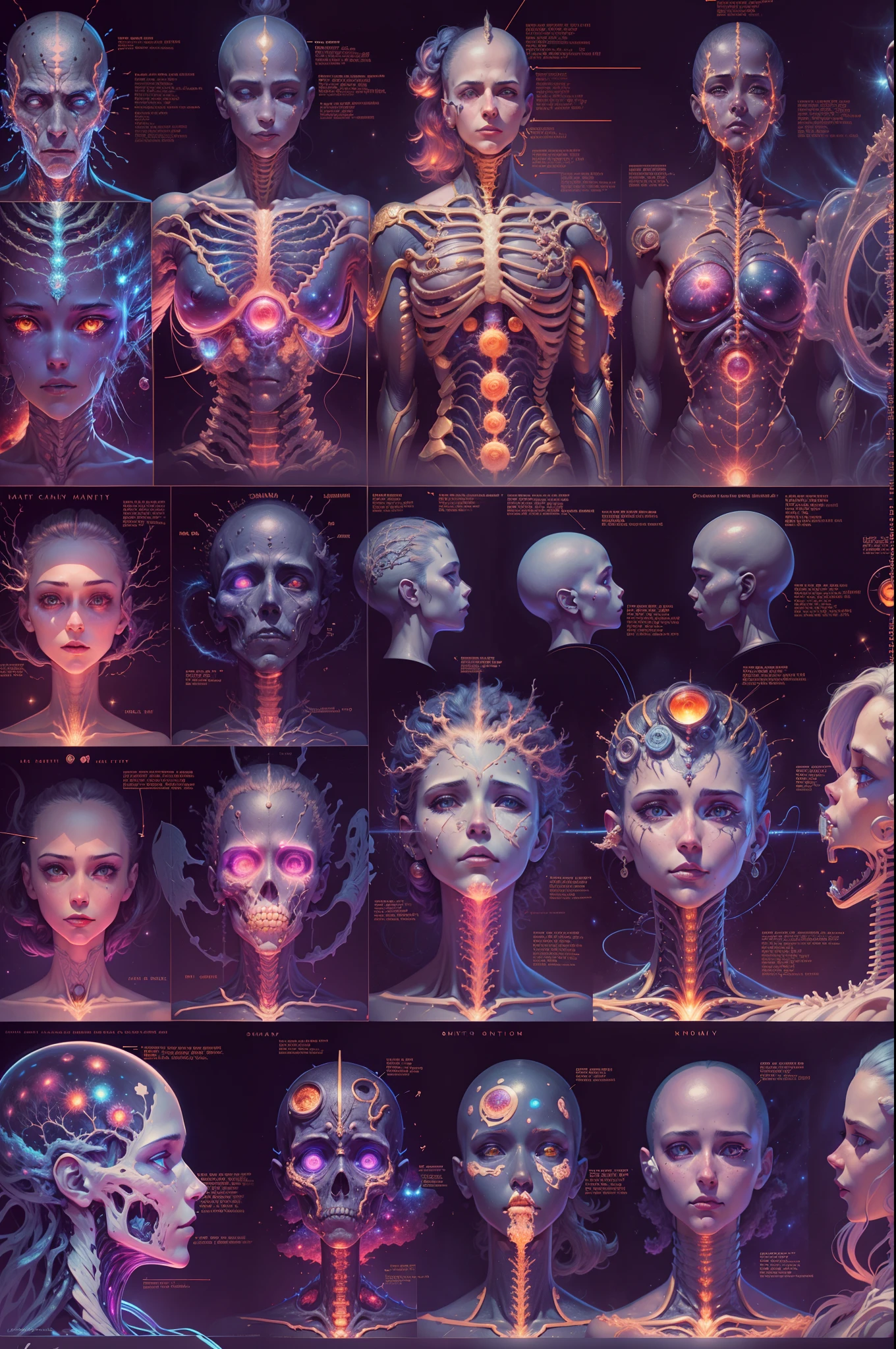 Fantasy00d Technical Diagram, Info graphic, Charts, of A Cosmic Anatomical Human Head, Info Graphic, Scientific, Data Diagram, Nervous System, Galaxy, Vibrant Colors, Midnight Aura, Ultra Detailed, H.R. Giger, Max Ernst, Thomas Kinkade, Robert Gonsalves, dark background