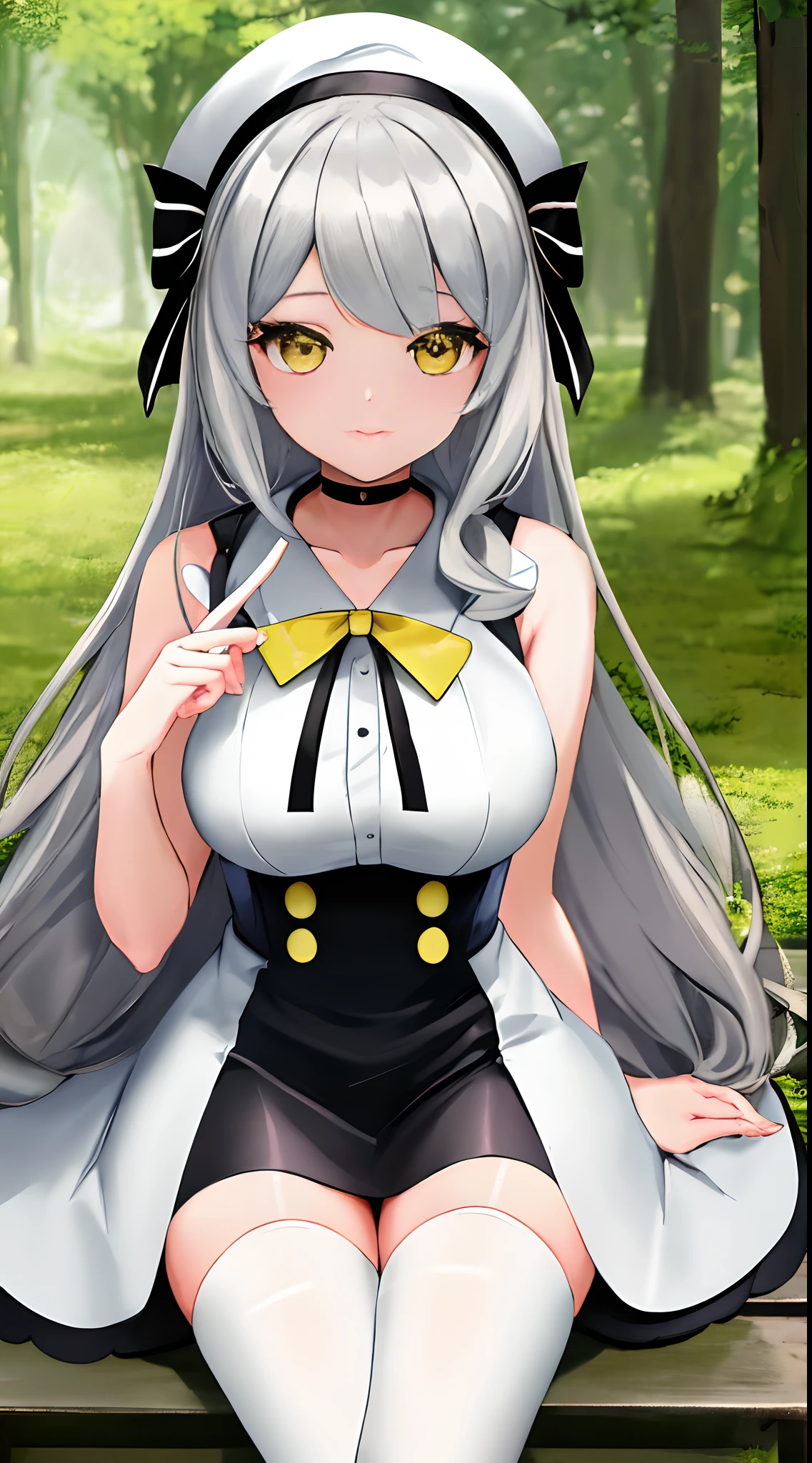 masterpiece, best quality, highres, Serena \(pokemon\),  silver-haired, hair long, yellow eyes, 1girl, solo, black ribbon, eyelashes, white thighhighs, neck ribbon, sleeveless, bangs, collarbone, bare arms, green dress, white coat, yellow headwear, outdoors, sitting, peace_sign,