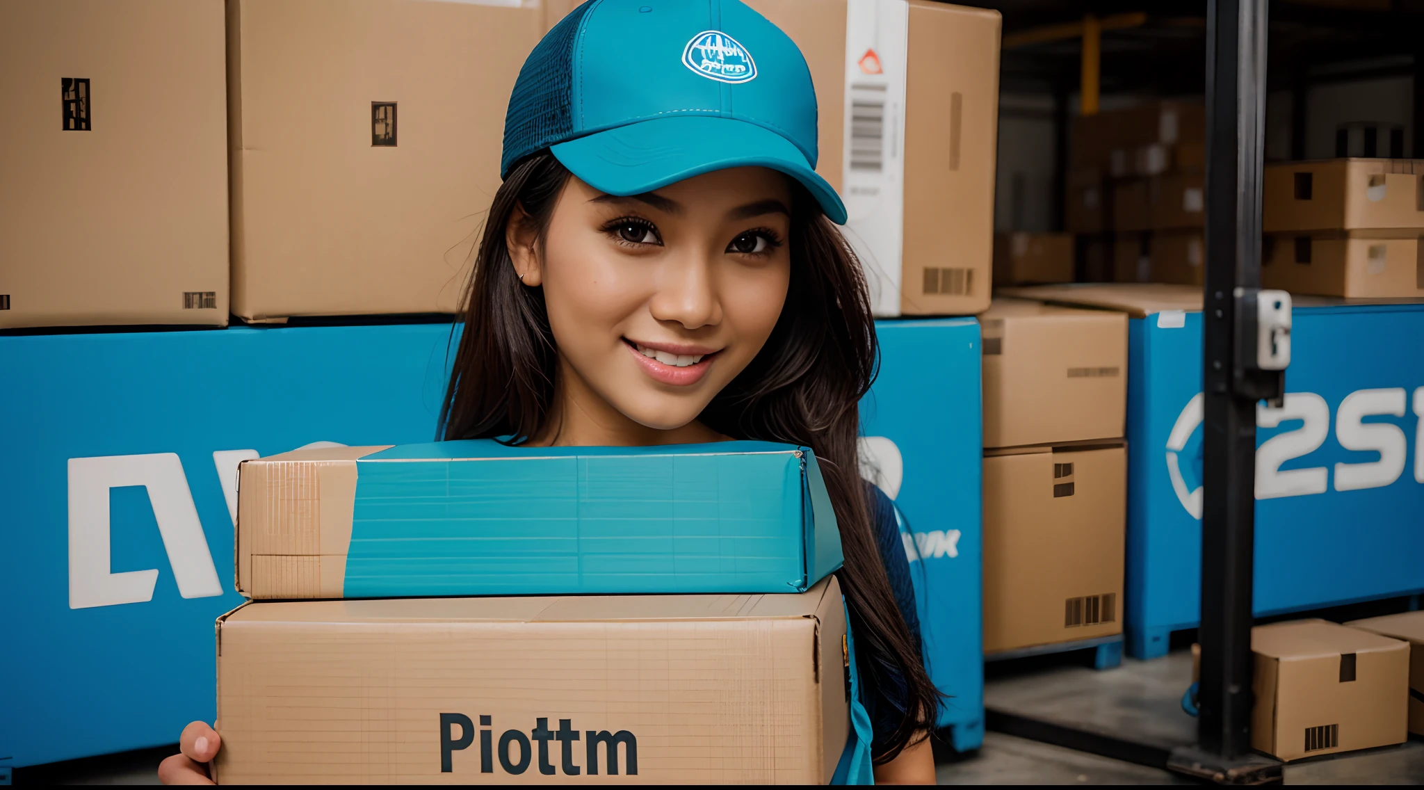 RAW Photo, DSLR BREAK (kkw-ph1:0.9) BREAK portrait of 1 young 25 year old woman, holding a big box, holding a large box, brown wavy hair, wearing plain lightblue t shirt, plain lightblue trucker cap, perfect eyes, perfect lips, perfect nose, professional color graded, wonderful woman, ecommerce background, warehouse background, cute woman, medium tits , smiling, filipina, pinay, filipino woman, showing butt, rule of thirds shot, increase image sharpness