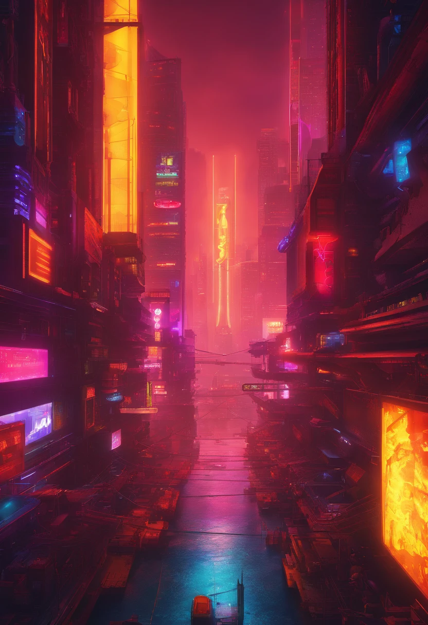 A futuristic city, many skyscrapers, bridges, towers, Blade Runner style, surreal, octane rendering, realistic, cinematic, 8K, very complex, 80s, night, yellow and red neon