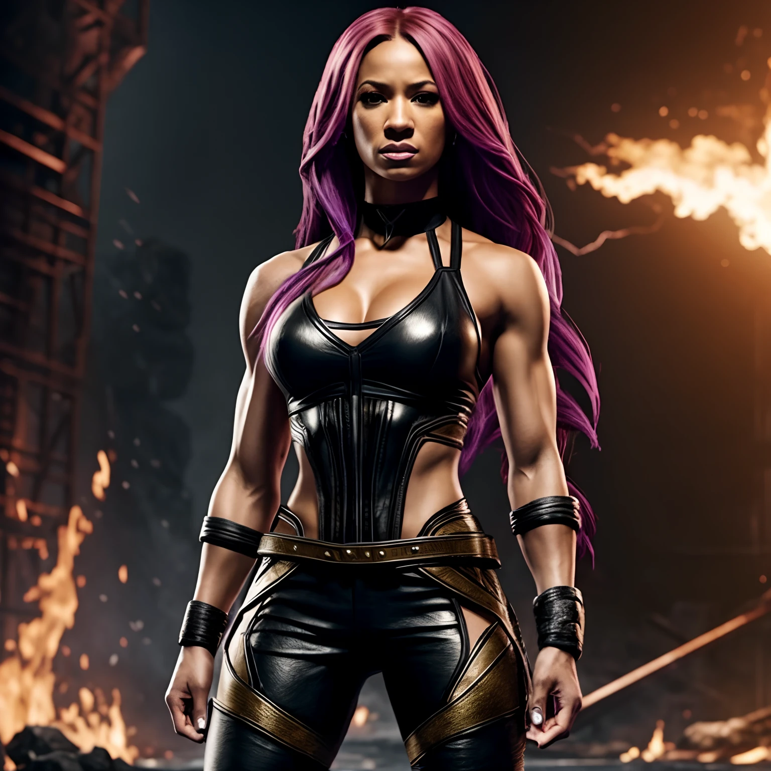 Female superstar Sasha Banks WWE is ready to fight the Mortal Kombat Outworld Hyperrealistic background scene...........................................