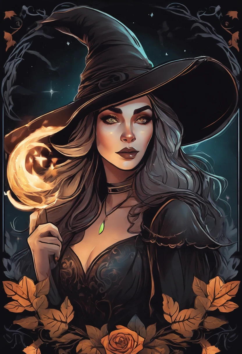 /imagine prompt: Witch girl illustration for sticker with black background, In bold, Smooth edges, Trashkor, Light shading --V 5.2