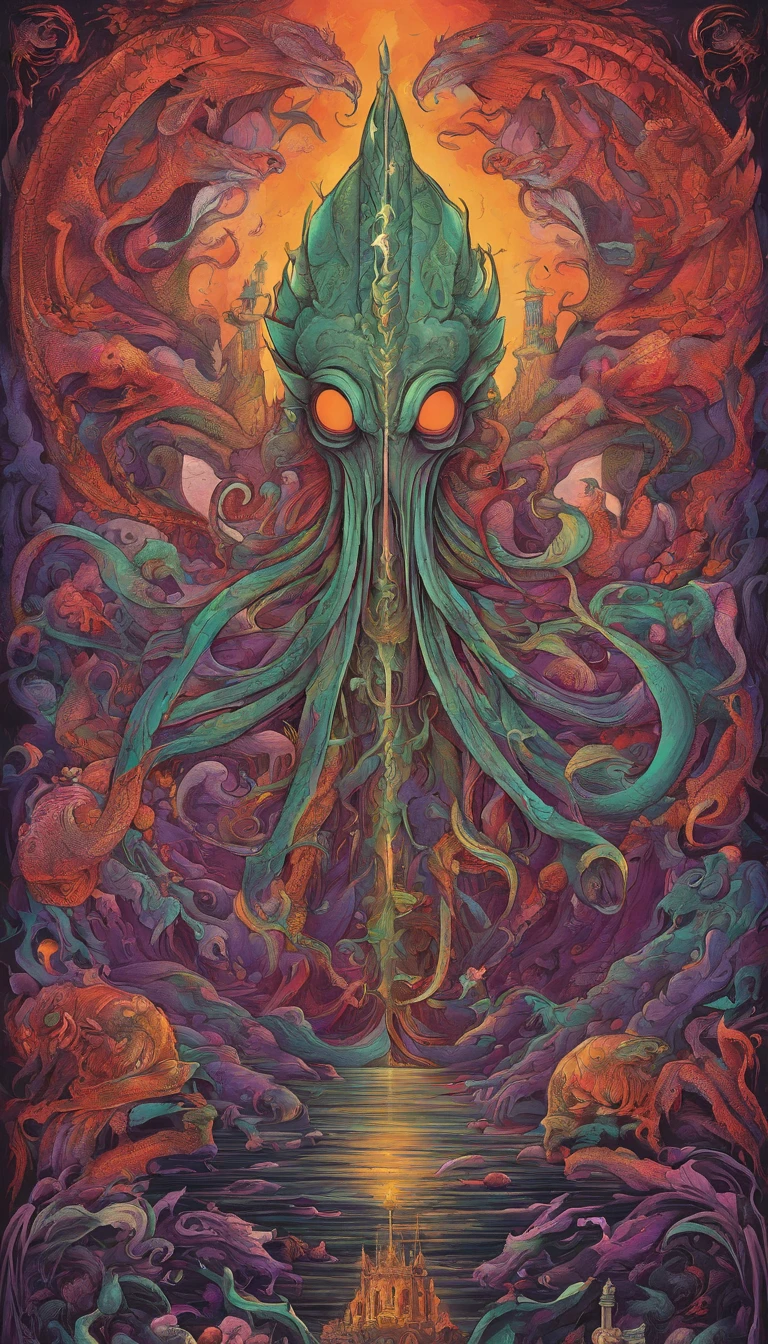 From the depths he emerges, devil,
The Cthulhu's Parade in crimson hues.
Whispers of the otherworldly echo,
A festival where madness and beauty fuse.
In the night sky adorned with abyssal splendor, lots of orange and purple colours
Feathers stained with blood dance and soar.
Entwined by threads of fate,
The deranged revel in ecstasy's roar.
Oh mighty Cthulhu, ruler of the depths,
In our pursuit of desires so forlorn,
We embark on a path of madness and despair,
Guided by the disciples of the one we adorn.
On the grand boulevard, grotesque forms stride,
Where terror and beauty intertwine.
In the realm betwixt dreams and nightmares,
We surrender ourselves to euphoria's shrine.
Praise his name, the great Cthulhu,
Monarch of the abyss, the wellspring of our insanity.
In this eternal procession's stage,
We celebrate the coming of the world's calamity.