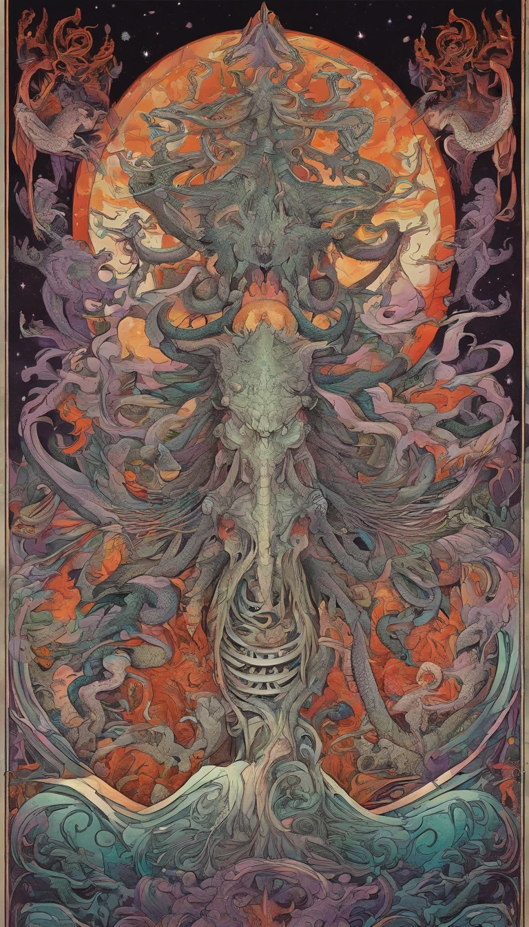 From the depths he emerges, devil,
The Cthulhu's Parade in crimson hues.
Whispers of the otherworldly echo,
A festival where madness and beauty fuse.
In the night sky adorned with abyssal splendor, lots of orange and purple colours
Feathers stained with blood dance and soar.
Entwined by threads of fate,
The deranged revel in ecstasy's roar.
Oh mighty Cthulhu, ruler of the depths,
In our pursuit of desires so forlorn,
We embark on a path of madness and despair,
Guided by the disciples of the one we adorn.
On the grand boulevard, grotesque forms stride,
Where terror and beauty intertwine.
In the realm betwixt dreams and nightmares,
We surrender ourselves to euphoria's shrine.
Praise his name, the great Cthulhu,
Monarch of the abyss, the wellspring of our insanity.
In this eternal procession's stage,
We celebrate the coming of the world's calamity.