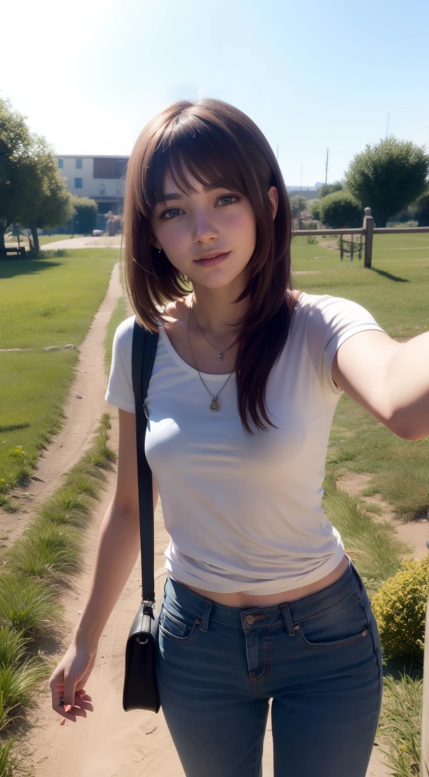 Max Caulfield ,
brown hair , ,. labios rojos ,Cabello largo , , no selfie , profundidad de campo, no feliz,
, without smiling ,,, Mono , Pantalones Jens ,
mirando al espectador, En el. granja