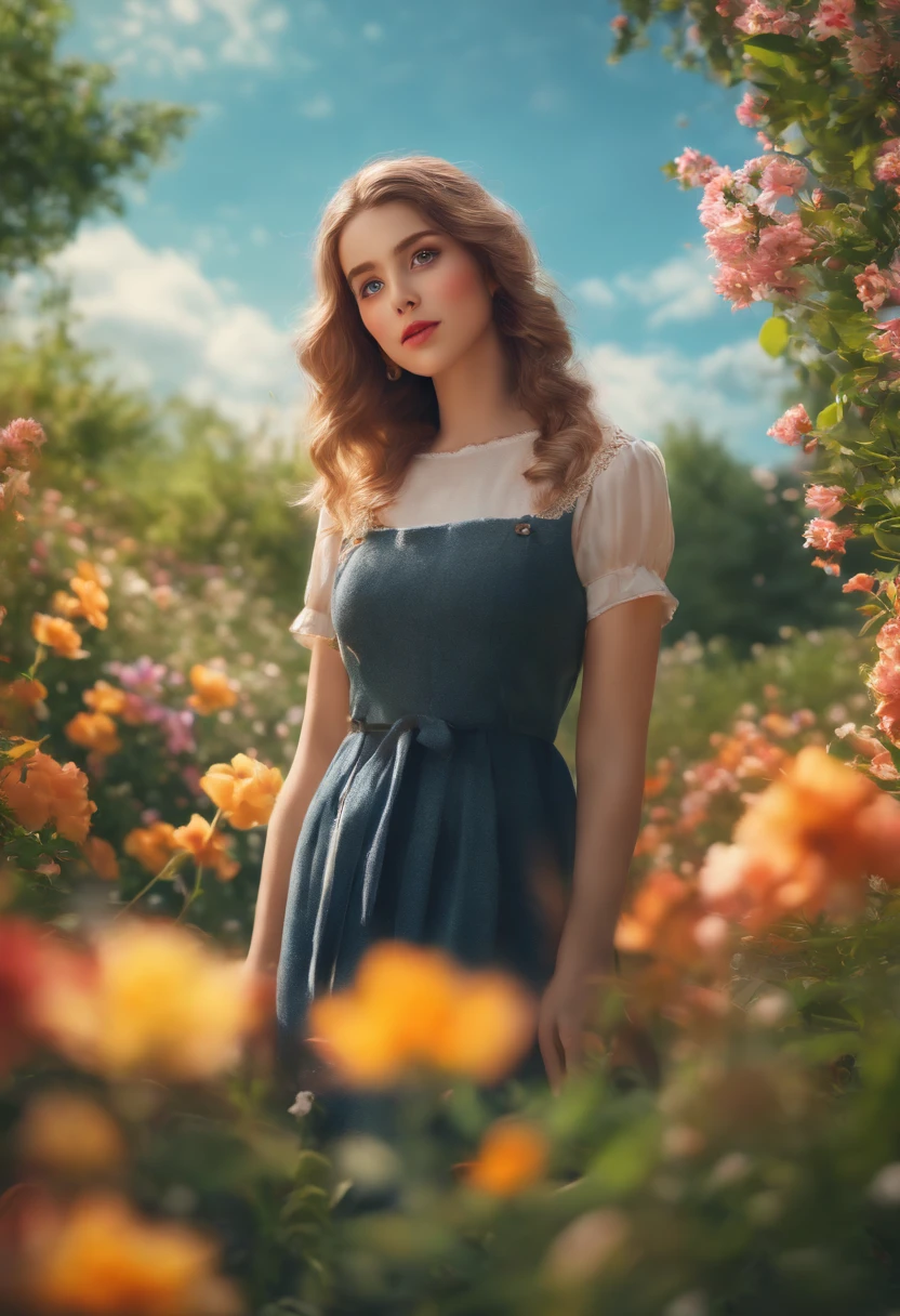 (beautiful detailed eyes,beautiful detailed lips),1girl,in a cute outfit,standing in a blooming flower garden,surrounded by vibrant colors,under the soft sunlight,(best quality,high resolution),(photorealistic,anime style)