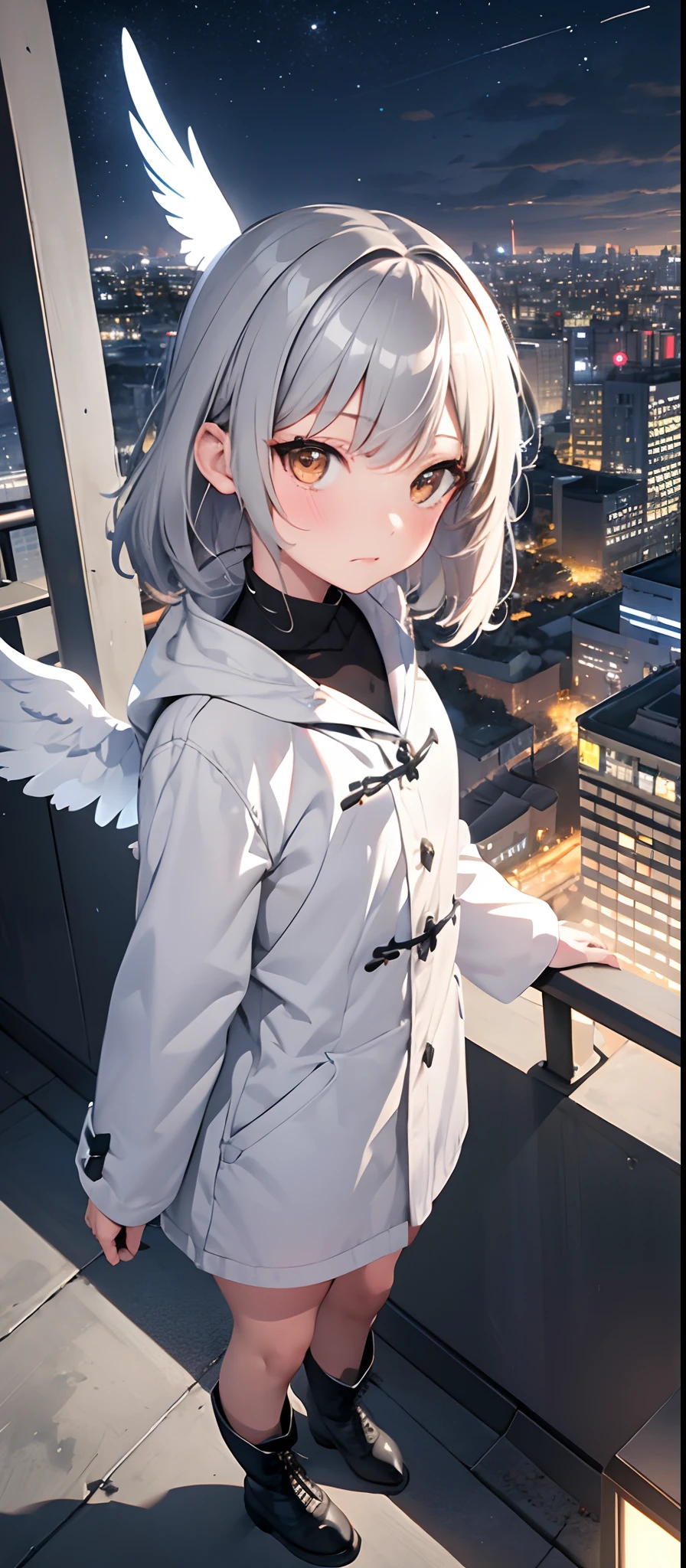 (masterpiece、top-quality),From above, 1girl in, 独奏, (Feather wings:1.2), signboard, Brown-eyed, Silver hair,Bangs on forehead, built, city nigth, cloudy ash sky, coat, long boots, cranes \(Machines\), Dutch Angle, From the side, Light frown, Look at viewers, plein air, On the rooftop, Skysky, Skyscraper,shining background