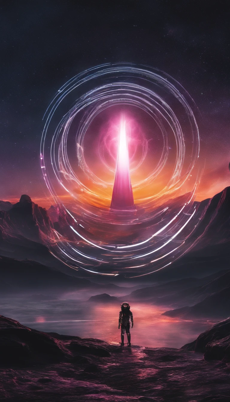 Glowing energy energy circle。  Metallic。Placed vertically between the open mountains and the sea 。Sense of space, Outer space science fiction