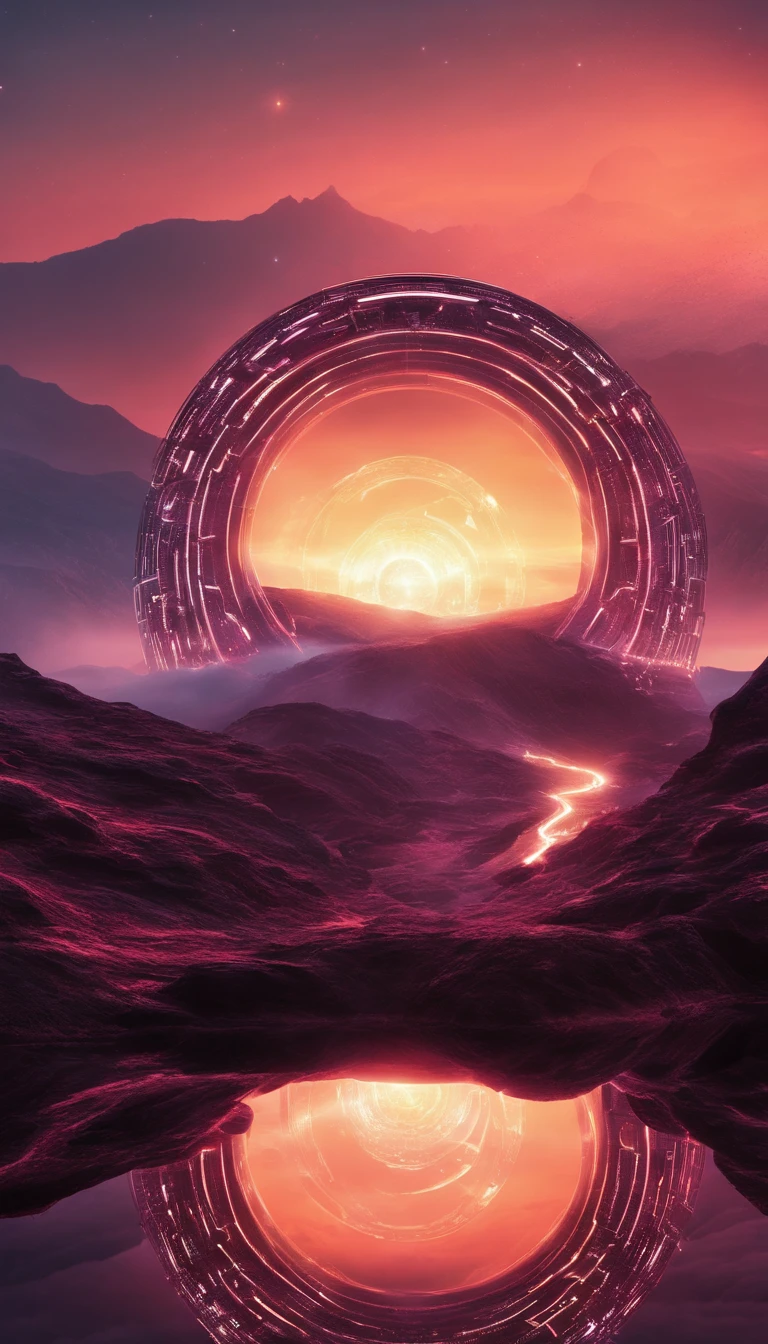 Glowing energy energy circle。 Metallic。Placed vertically between the open mountains and the sea 。Sense of space, Outer space science fiction