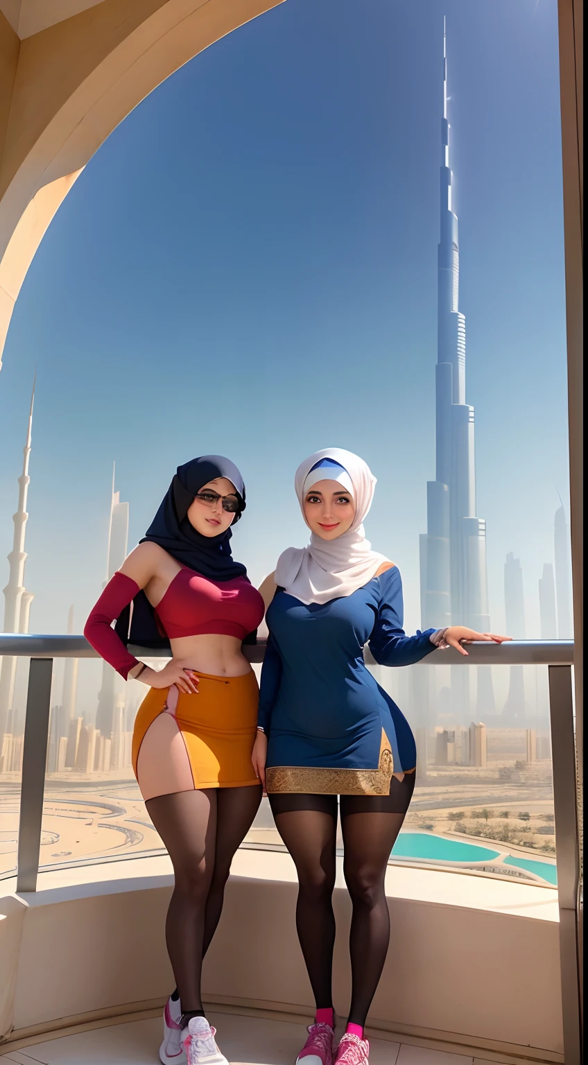 masterpiece, Best Quality, High resolution, 32K, (hijab:1.1, Malaysian woman:1.5, taking selfie at the top of skyscraper:1.2), Holding up a selfie stick, (huge cleavage:1.5), (torn sheer surf bodysuit:1.5), (full body shot:1.1),