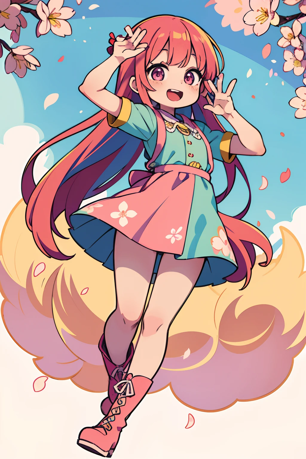 Stand in front of the photo、1girl in,Full body、Longhair-, rainbow color Hair,long boots,Open mouth and big smile、kawaii pose、Flowing iridescent silk、up of face、Eye Up、Colorcon with heart pattern、Floral dress、There are flowers even in front of you、Cherry blossom petals、season!!: springtime☀ 🍂