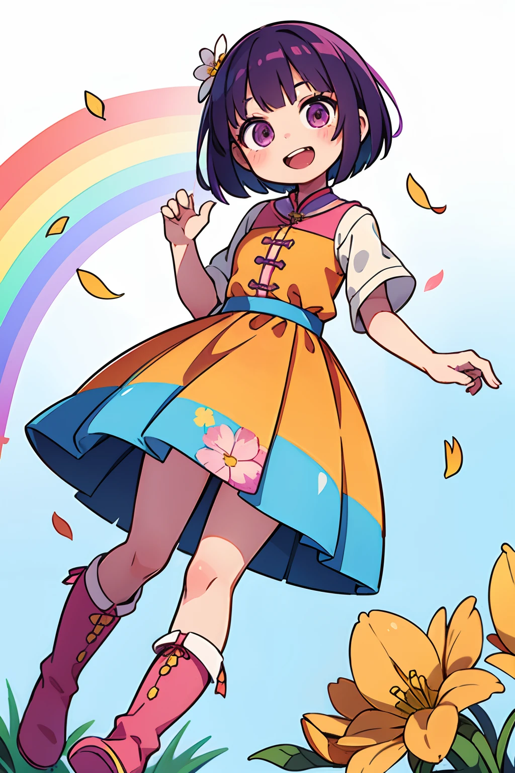 Stand in front of the photo、1girl in,Full body,a short bob, rainbow color Hair,long boots,Open mouth and big smile、kawaii pose、Flowing iridescent silk、up of face、Eye Up、Colorcon with heart pattern、Floral dress、There are flowers even in front of you、flower petals、season!!: springtime☀ 🍂