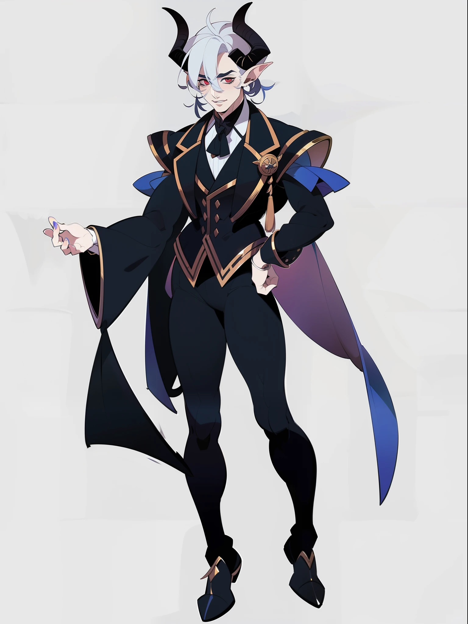 ((1male)) character concept adopt ,handsome , tiefling, horns, , fullbody,( gothic outfit)