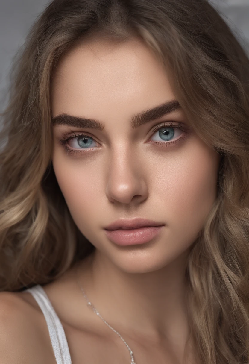 Arafed woman completely , fille sexy aux yeux bleus, ultra realist, Meticulously detailed, Portrait Sophie Mudd, cheveux blonds et grands yeux, selfie of a young woman, Yeux de chambre, Violet Myers, sans maquillage, maquillage naturel, looking straight at camera, Visage avec Artgram, Maquillage subtil, Great photo of the whole body kneeling on the bed, dans la chambre, Medium to large bust