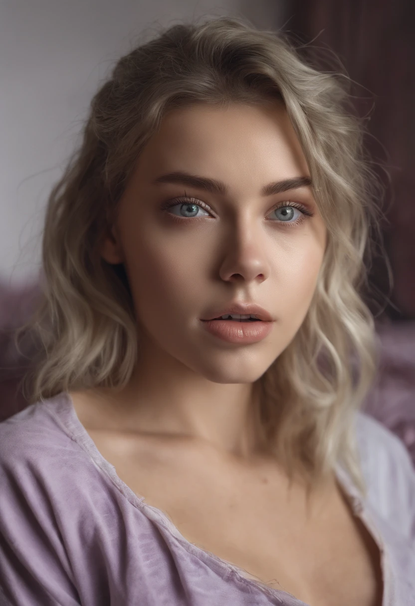 Arafed woman completely , fille sexy aux yeux bleus, ultra realist, Meticulously detailed, Portrait Sophie Mudd, cheveux blonds et grands yeux, selfie of a young woman, Yeux de chambre, Violet Myers, sans maquillage, maquillage naturel, looking straight at camera, Visage avec Artgram, Maquillage subtil, Great photo of the whole body kneeling on the bed, dans la chambre, Medium to large bust