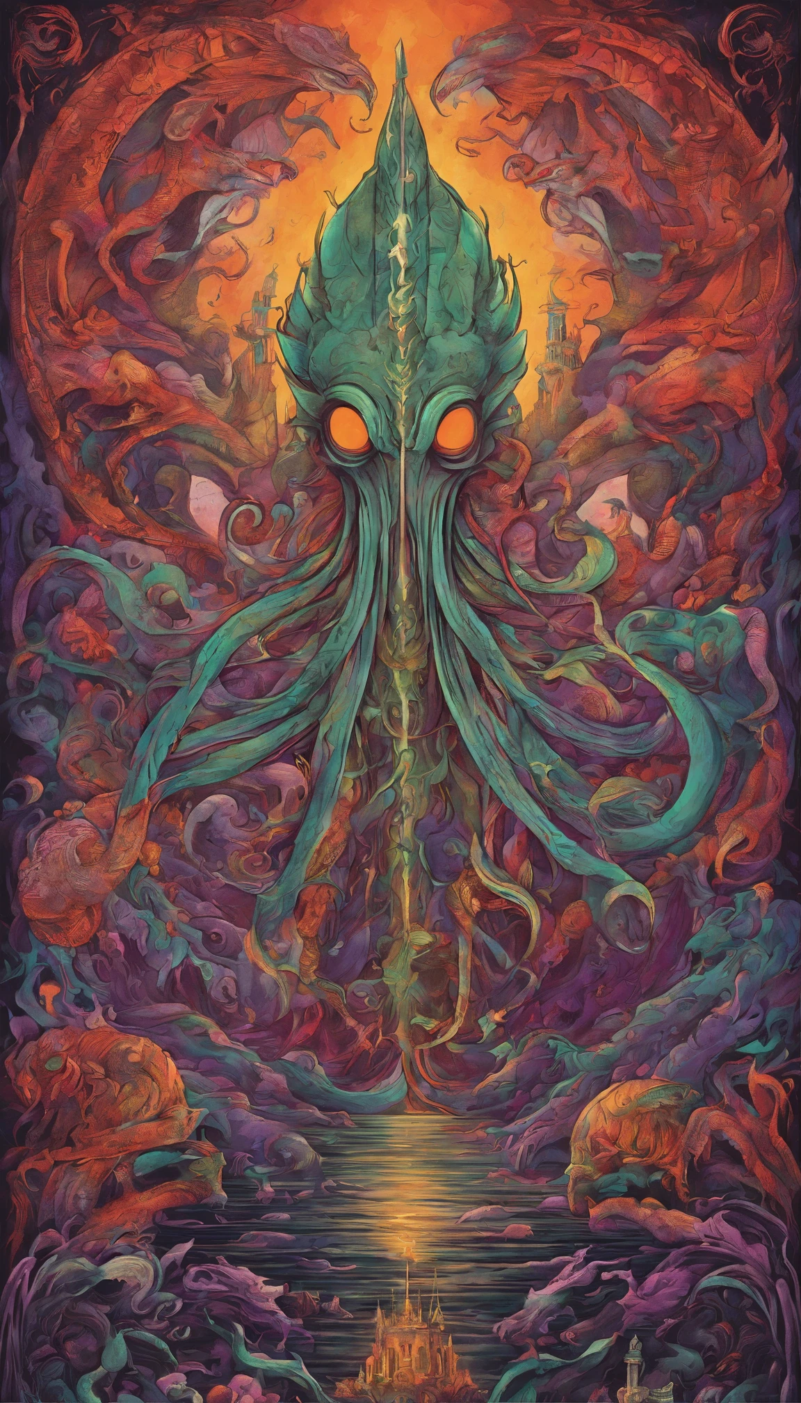 From the depths he emerges, devil,
The Cthulhu's Parade in crimson hues.
Whispers of the otherworldly echo,
A festival where madness and beauty fuse.
In the night sky adorned with abyssal splendor, lots of orange and purple colours
Feathers stained with blood dance and soar.
Entwined by threads of fate,
The deranged revel in ecstasy's roar.
Oh mighty Cthulhu, ruler of the depths,
In our pursuit of desires so forlorn,
We embark on a path of madness and despair,
Guided by the disciples of the one we adorn.
On the grand boulevard, grotesque forms stride,
Where terror and beauty intertwine.
In the realm betwixt dreams and nightmares,
We surrender ourselves to euphoria's shrine.
Praise his name, the great Cthulhu,
Monarch of the abyss, the wellspring of our insanity.
In this eternal procession's stage,
We celebrate the coming of the world's calamity.