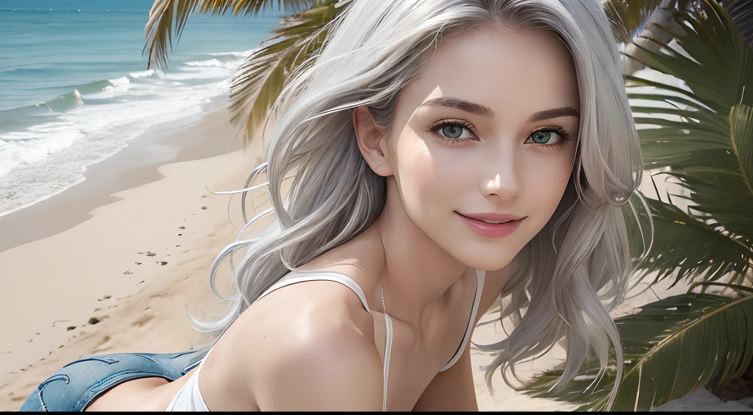 (Masterpiece, Best Quality, Photorealistic, high resolucion, photography, :1.3), (Woman in her 40s, )Close-up shots of faces, Close-up shots of faces, Close-up shots of faces, Sharp focus, (1 Girl, A European girl, Popular models), Realistic skin, Slender body type, Big breasts, (Her long, Pure white silver hair swept to the side, extremely detailed hair), Delicate sexy face, Organoleptic gases, Sparkling lips,(green pupil),(green pupil),(green pupil), ((realisitic, A hyper-realistic, realism, realistic detailed)), (Medium Tits:1.5), (White tank top T-shirt and ripped jean shorts), (A slender waist), (slim thigh), (Small hips), (Sorrisos), (seaside, waves, palm tree) (seaside, waves, palm tree), (Long straight hair), A woman is standing, (Sorrisos), (Sorrisos)